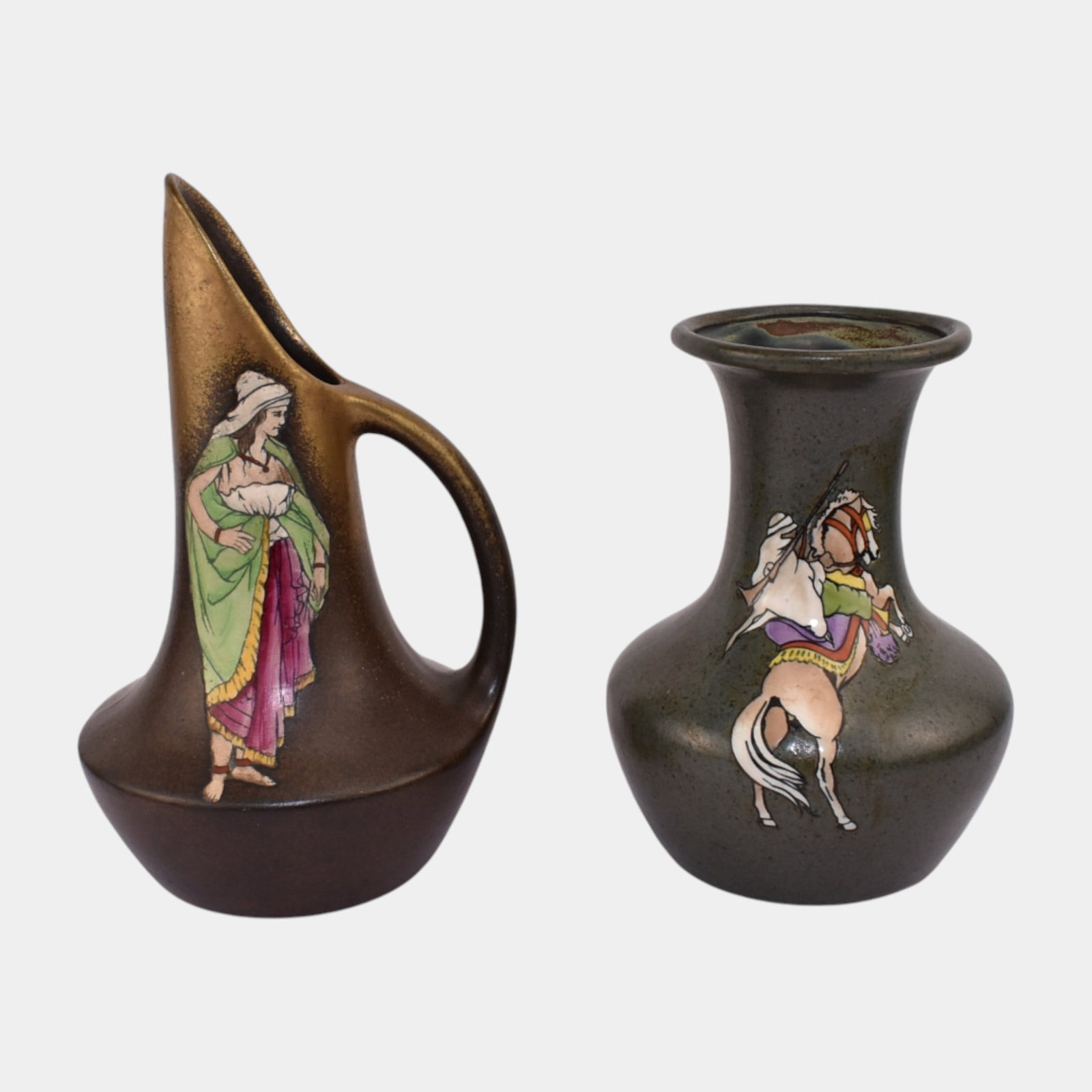 Stellmacher Teplitz Austrian Art Pottery Brown Portrait Decorated Ewer Vase (1 of 3)