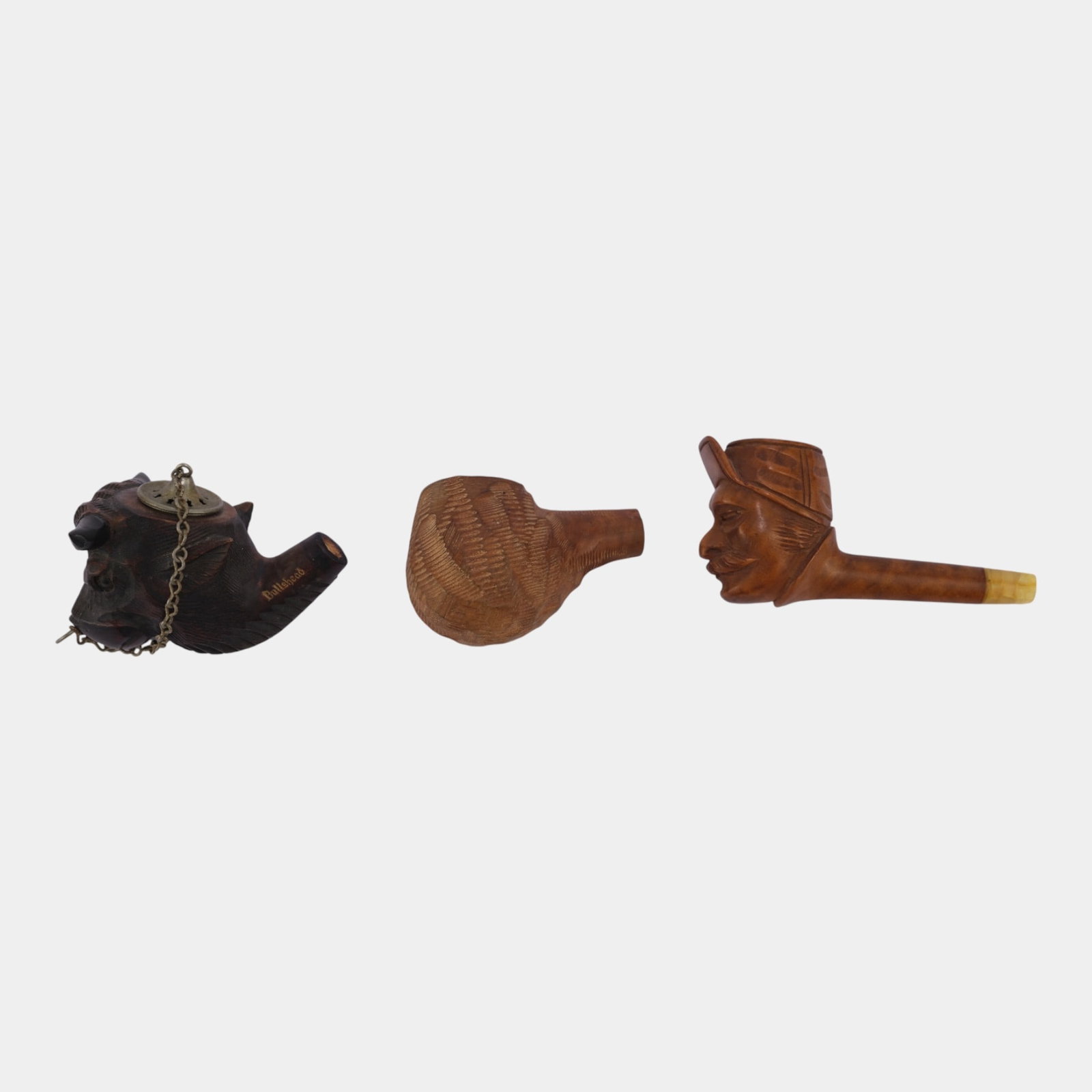 BP Jum Bowl, Bullshead Bowl, And Figural Head Hand Carved Wood Smoking Pipes (1 of 5)