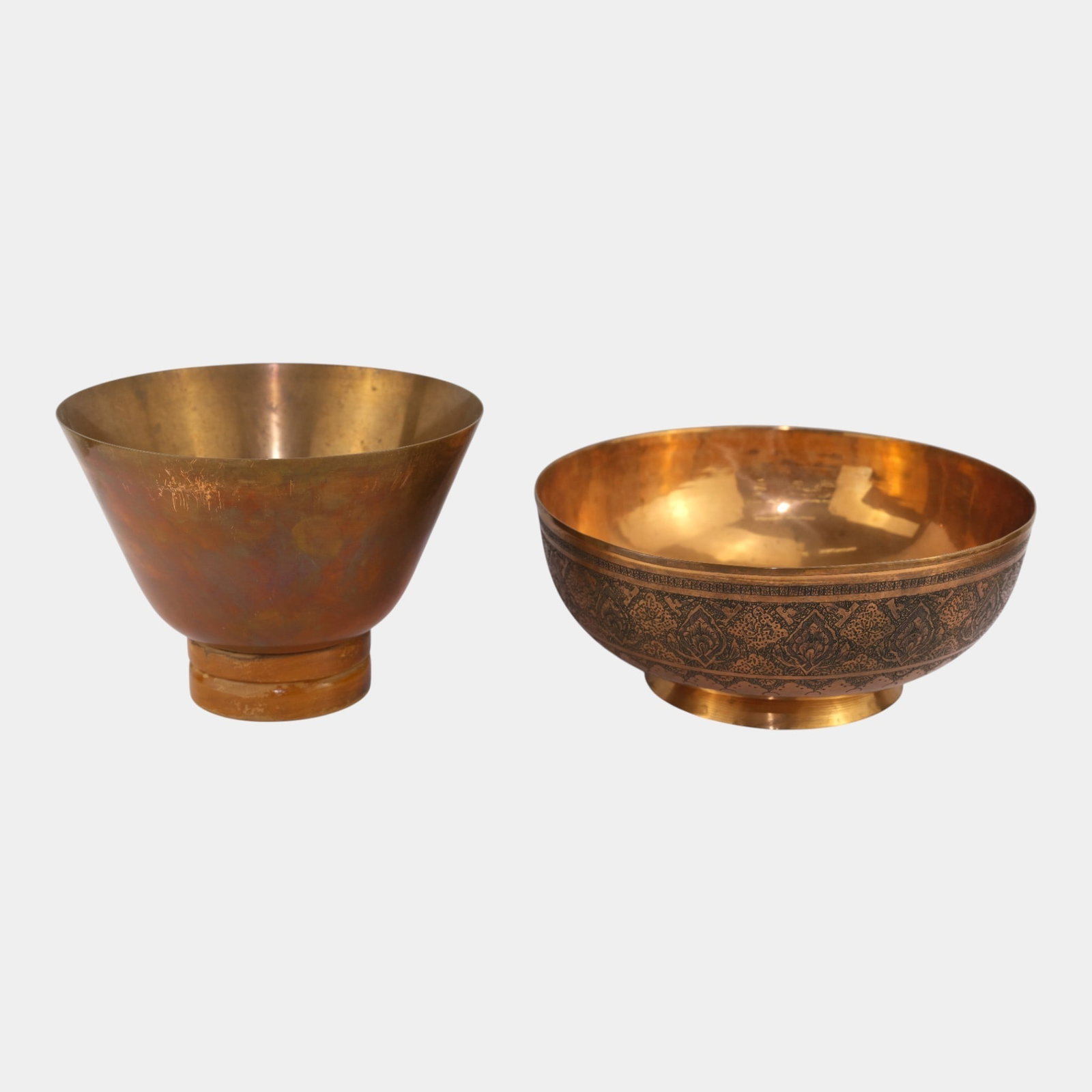 Chase 1930s Art Deco Copper And Wooden Base Flared Bowl & Persian Copper Bowl: We offer affordable in-house shipping on all items. Chase 1930s Art Deco Copper And Wooden Base Flared Bowl & Persian Copper Bowl Excellent condition. Age related wear. Tallest piece is 5 3/4" tall an