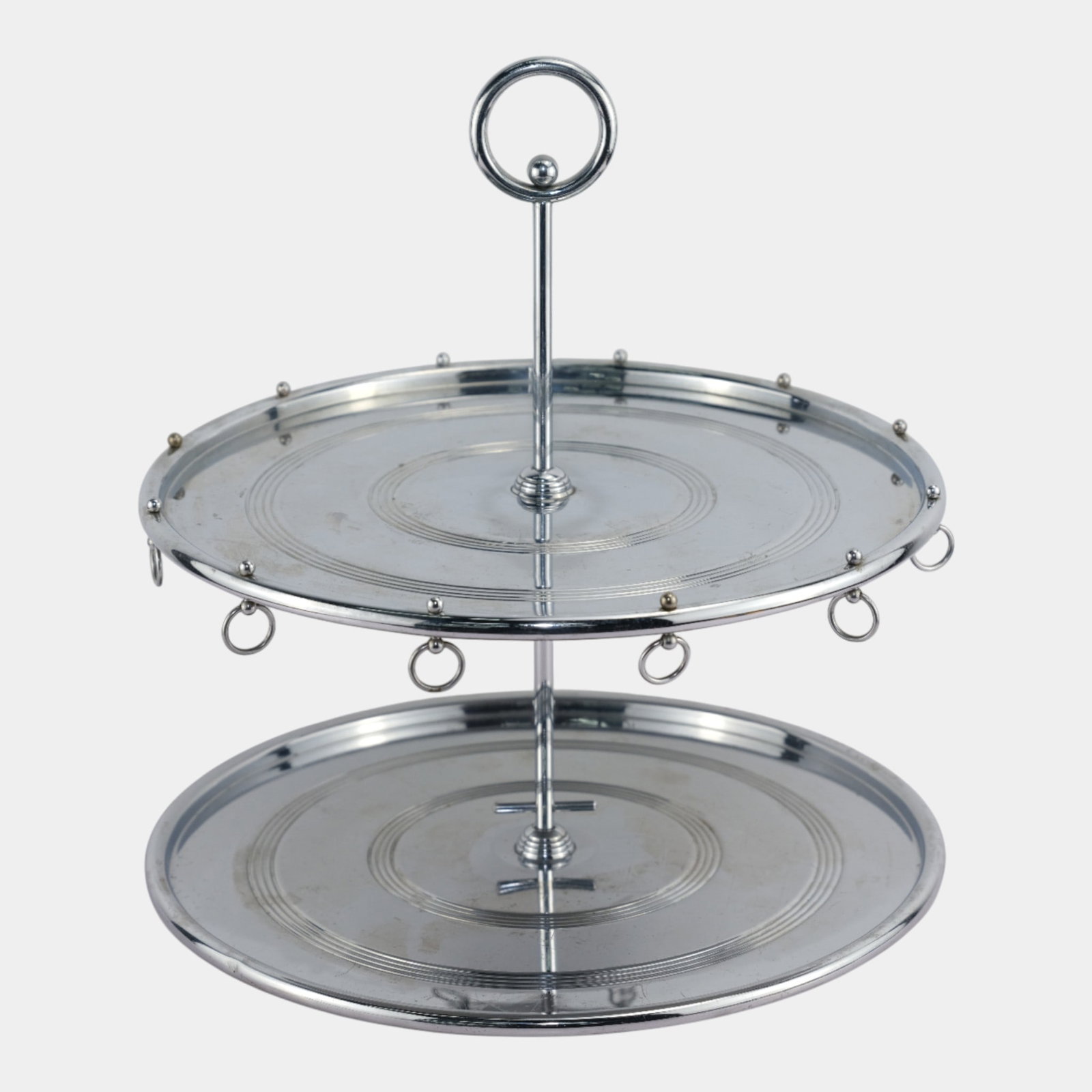 Chase Art Deco 1930s Chrome Dual Layered Serving Tray With Dangling Ring Holders: We offer affordable in-house shipping on all items. Chase Art Deco 1930s Chrome Dual Layered Serving Tray With Dangling Ring Holders Excellent condition. Age related wear. Marked with Chase stamp on b