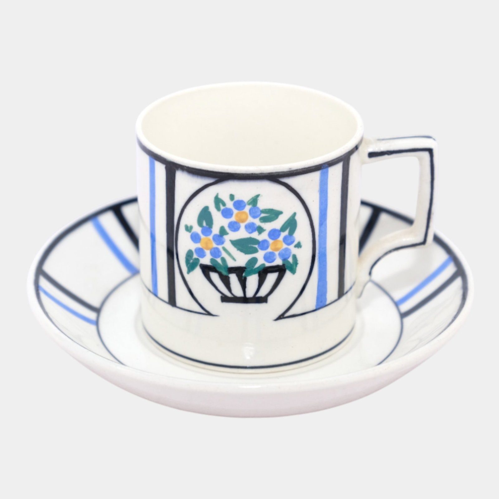 Wedgewood 1930s Art Deco "Basket Of Flower" White Blue Demitasse Cup & Saucer: We offer affordable in-house shipping on all items. Wedgewood 1930s Art Deco "Basket Of Flower" White Blue Demitasse Cup & Saucer Excellent condition. Age related wear. Bottom marked as shown. Cup wit