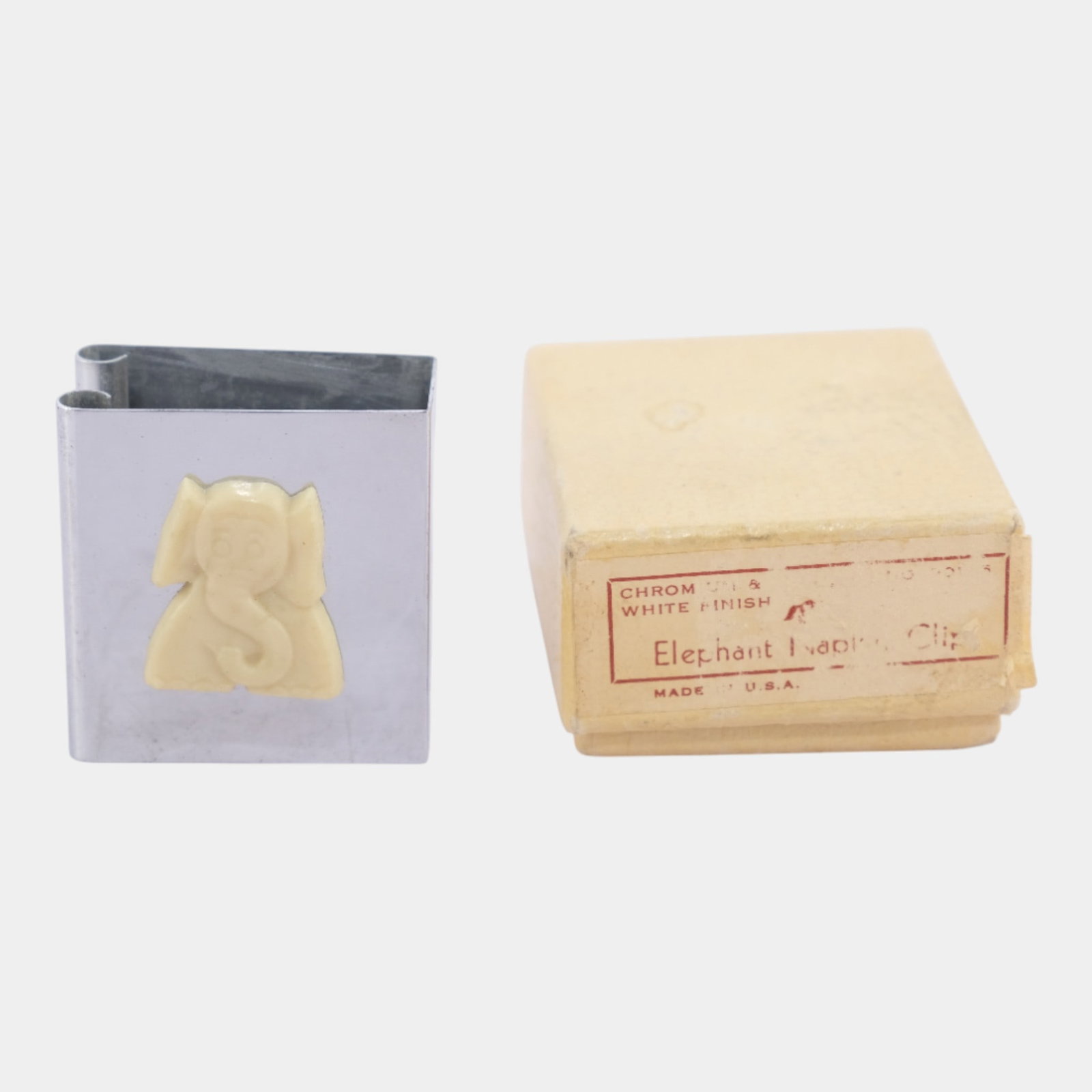 Chase 1930s Art Deco Chrome And Bakelite Elephant Napkin Clip With Original Box: We offer affordable in-house shipping on all items. Chase 1930s Art Deco Chrome And Bakelite Elephant Napkin Clip With Original Box Excellent condition. Age related wear. Napkin clip is 1 3/4" tall an