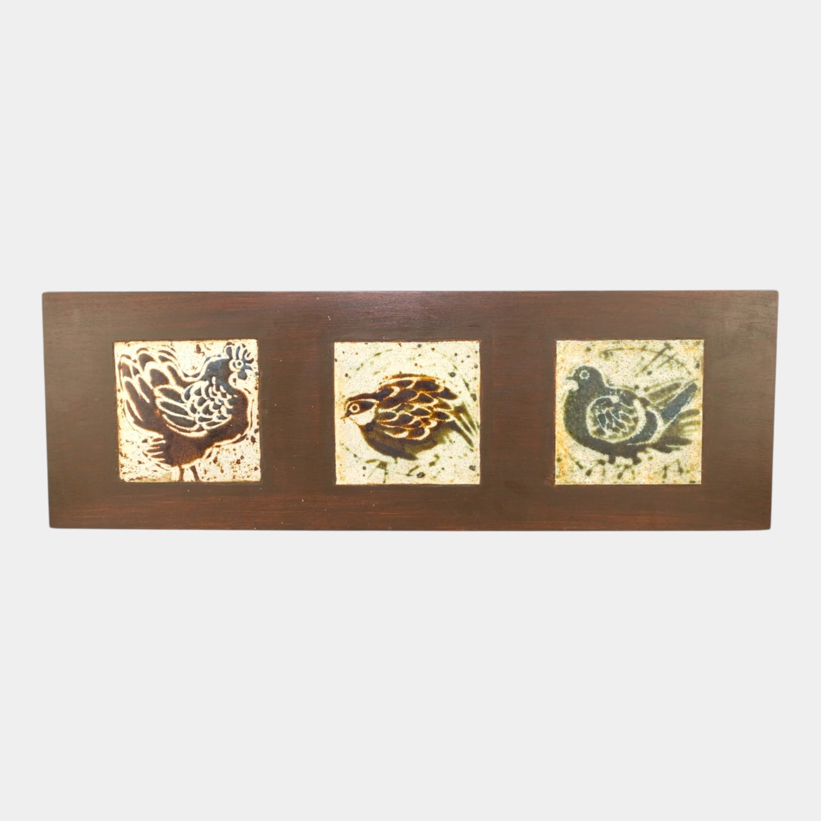 Mid Century Modern Ceramic Bird Bird Tile Triglyph Inlaid In Wooden Plank Wall Art (1 of 6)