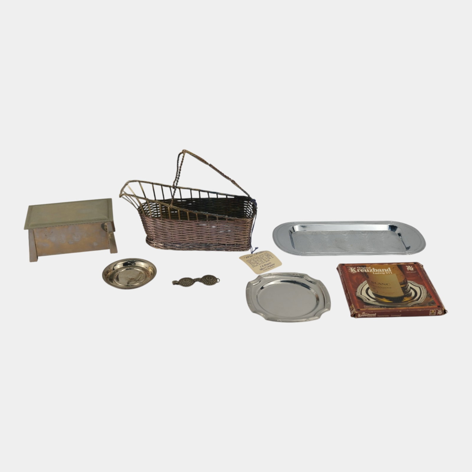 19th Century Various Metalware Decorative Items Basket Box Trays Saucers: We offer affordable in-house shipping on all items. 19th Century Various Metalware Decorative Items Basket Box Trays Saucers Excellent condition. Age related wear. Tallest piece is 7 1/2" tall and 9 1