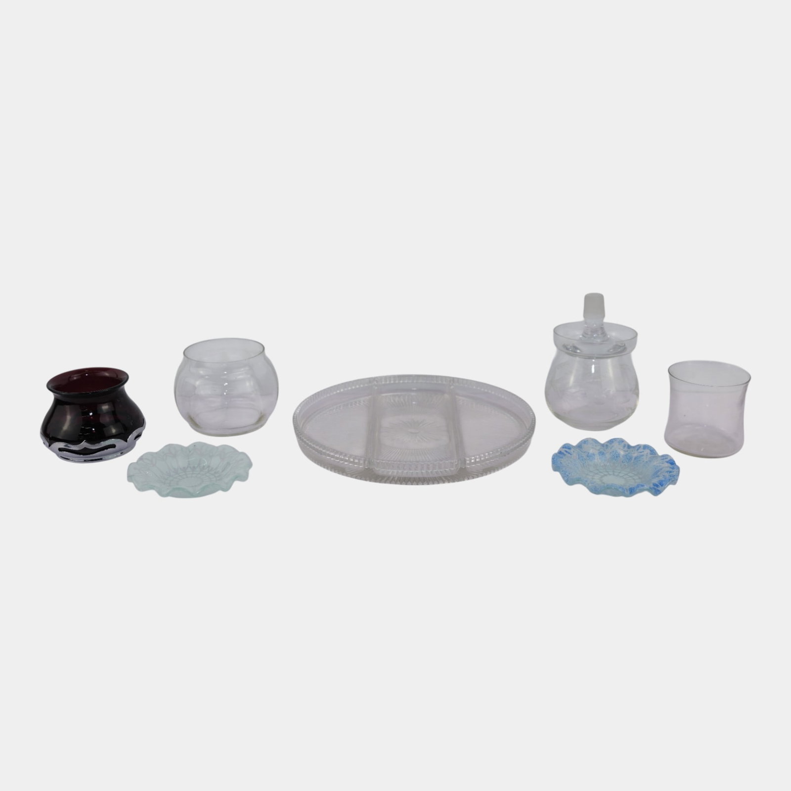 19th Century Art Glass Ruffled Rim Dishes And Clear Glass Plate Ash Tray Jars (1 of 5)