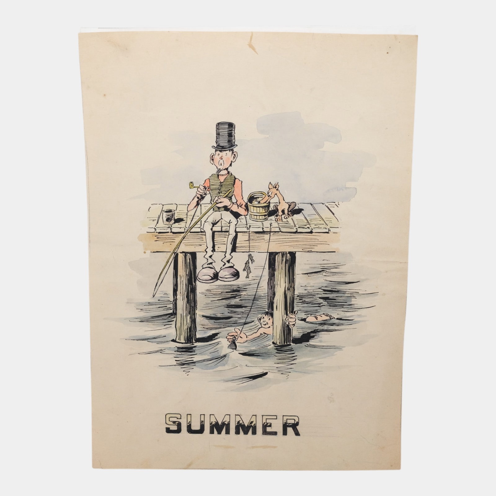 Early 20th Century "Summer" Figural Fisherman Seated On Dock Loose Print (1 of 7)