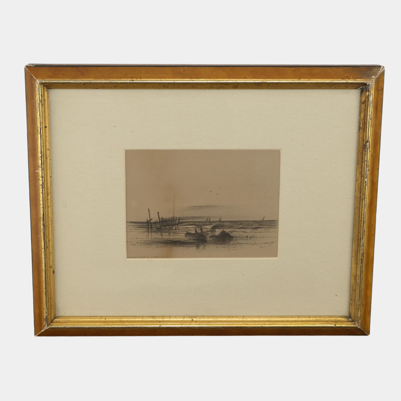 Arthur Cumming (American, 1847-1913) Coastal Harbor Framed Lithograph Print: We offer affordable in-house shipping on all items. Arthur Cumming (American, 1847-1913) Coastal Harbor Framed Lithograph Print Excellent condition. Age related wear. Drawing in frame is 12 1/2" tall 
