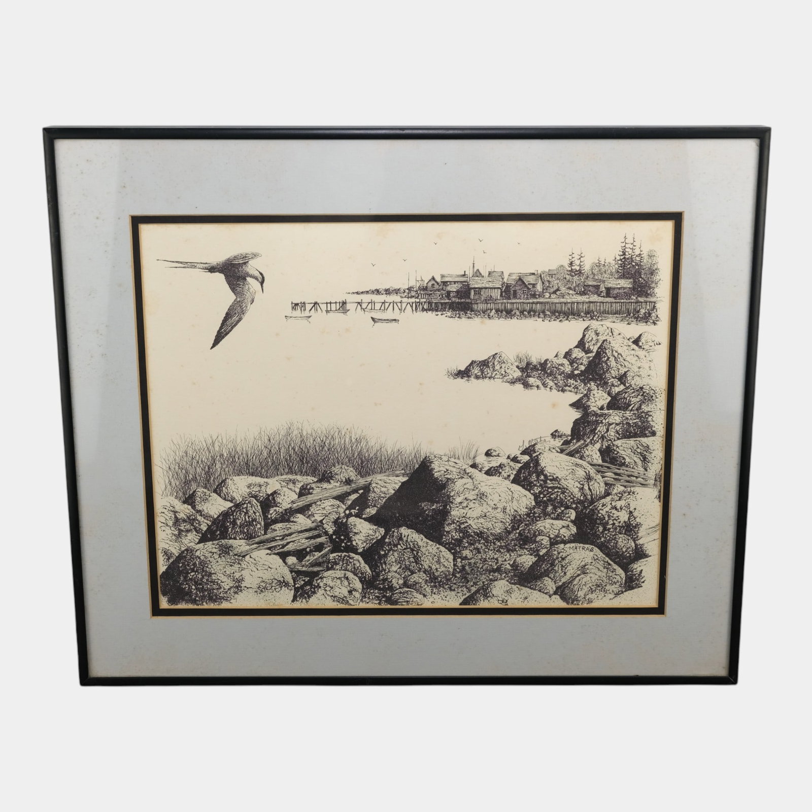 Gene Matras New England Artist Fishing Dock Seascape Pen & Ink Drawing Framed Print (1 of 7)