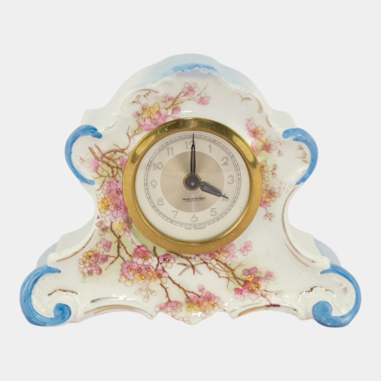West Germany Hand Painted Apple Blossom Porcelain Clock Case With Mercedes Clock Insert (1 of 6)
