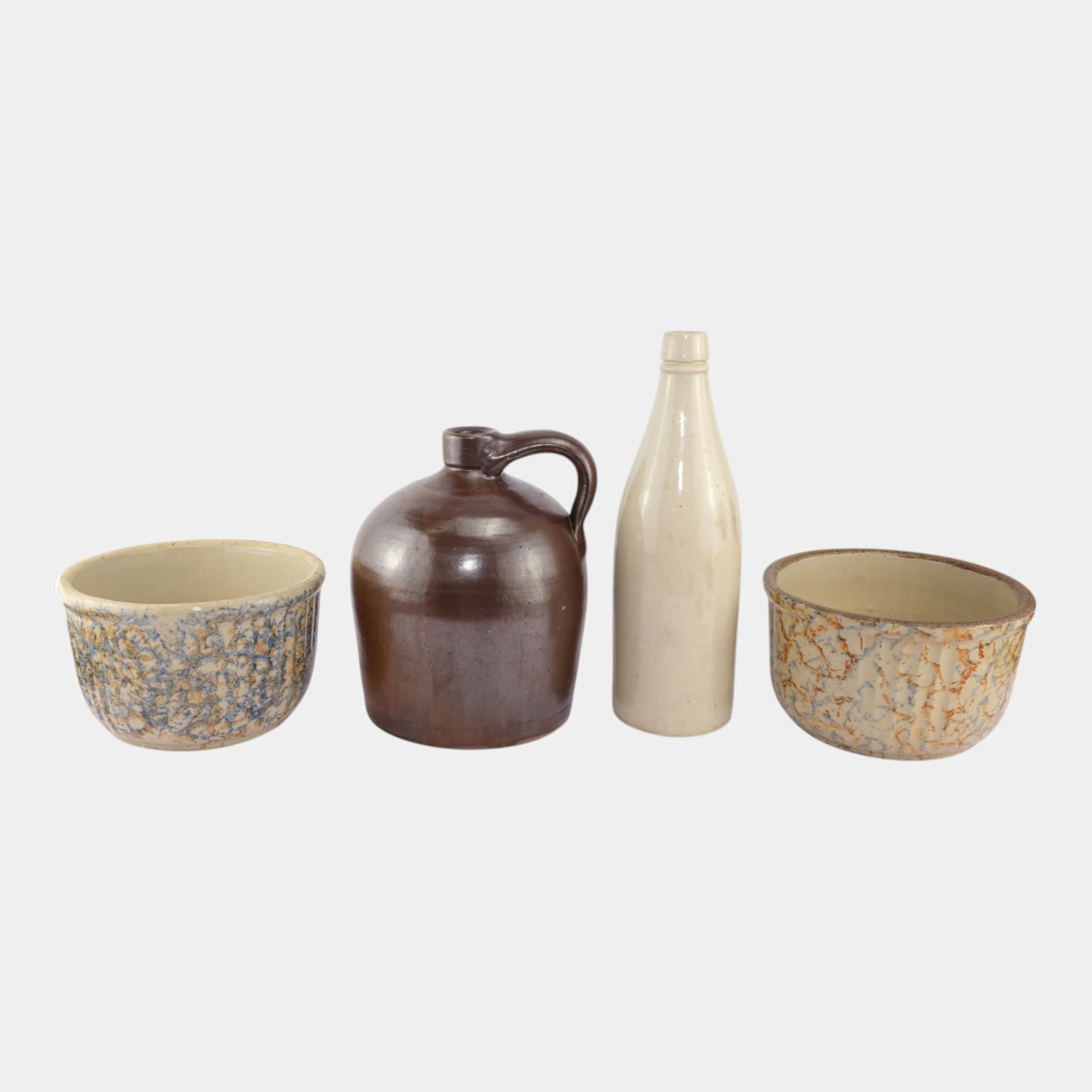 American Primitives Stoneware Brown Jug White Bottle Vase Sponge Decorated Bowls (1 of 6)