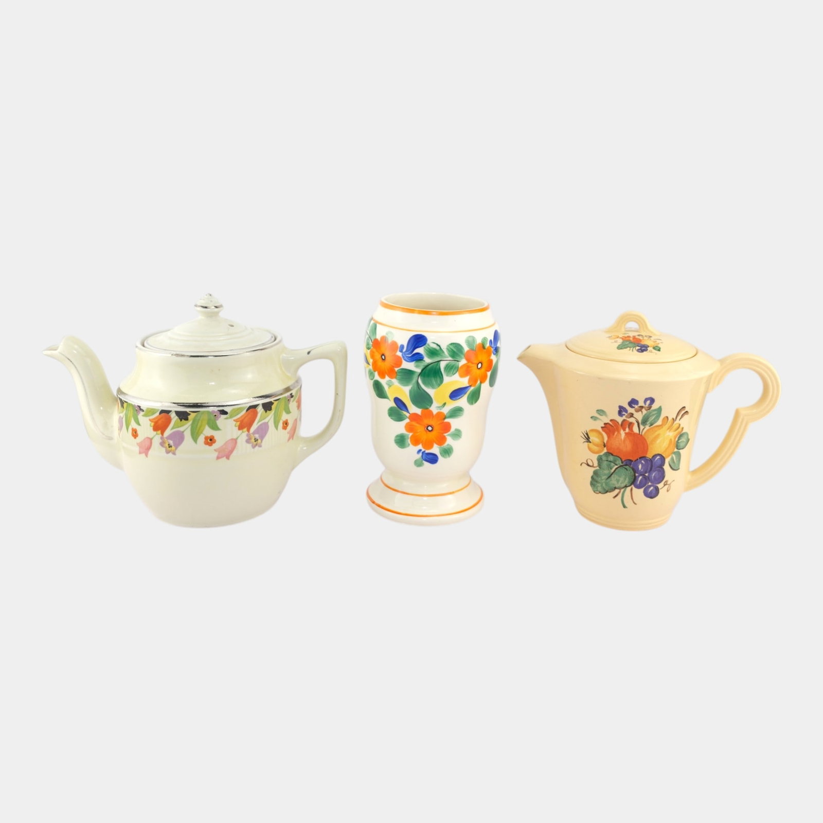 European & American Mid Century Vividly Hand Painted Teapots & Footed Vase: We offer affordable in-house shipping on all items. European & American Mid Century Vividly Hand Painted Teapots & Footed Vase Excellent condition. Large teapot has a hairline to inner rim. Age relate