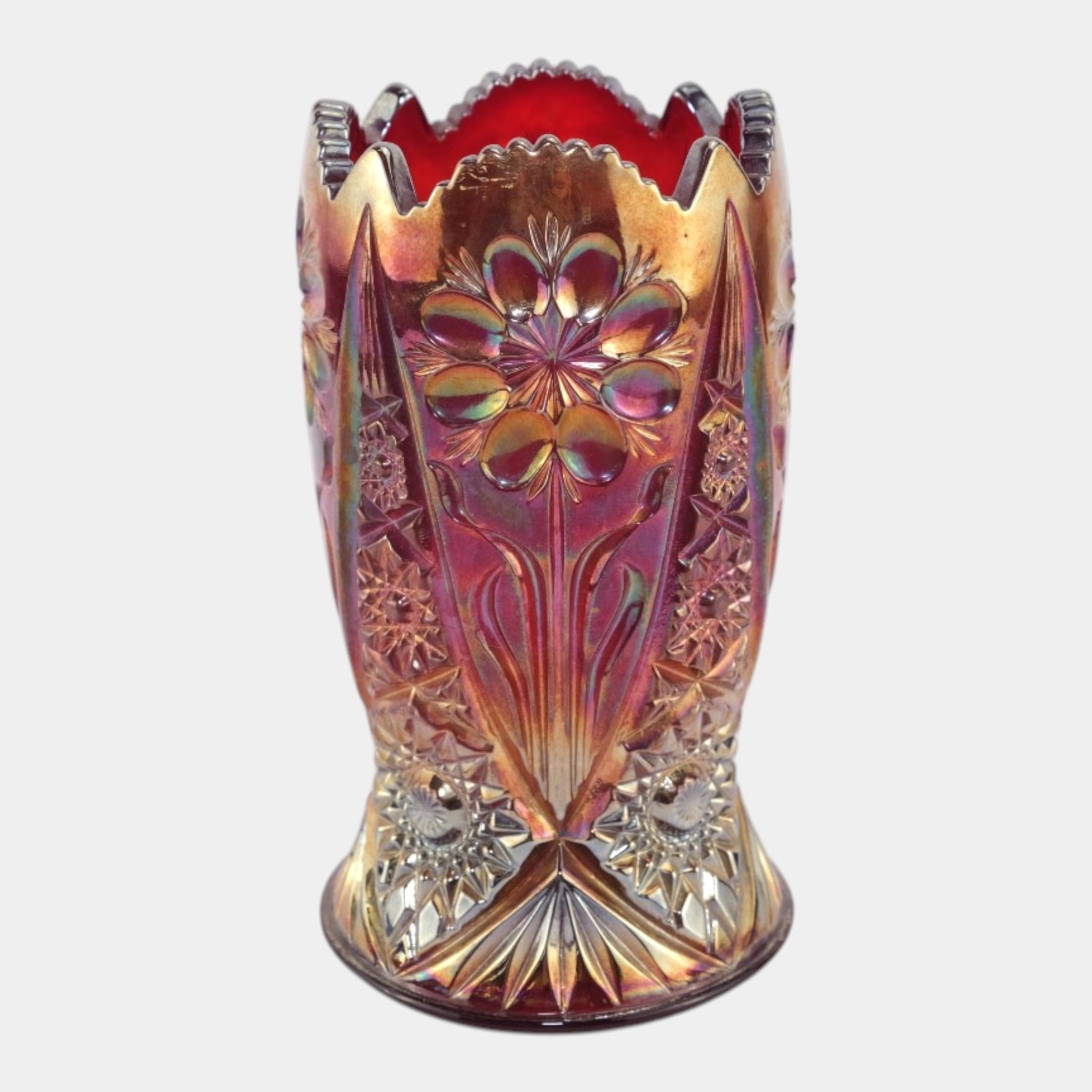 Imperial Glass Co. Red & Gold Iridescent Four Seven Four Scalloped Rim Vase (1 of 6)