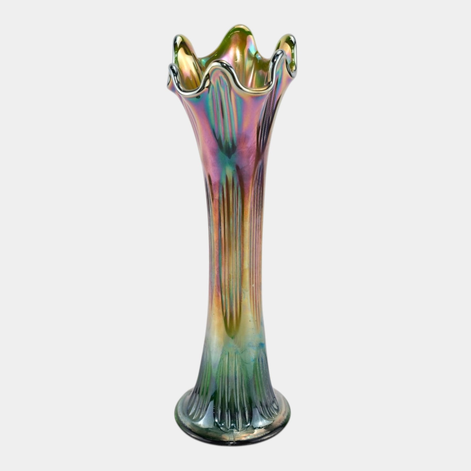Fenton 1930s Art Deco Green Purple Diamond & Rib Green Carnival Swung Vase: We offer affordable in-house shipping on all items. Fenton 1930s Art Deco Green Purple Diamond & Rib Green Carnival Swung Vase Excellent original condition. No chips, cracks, damage or repair of any k