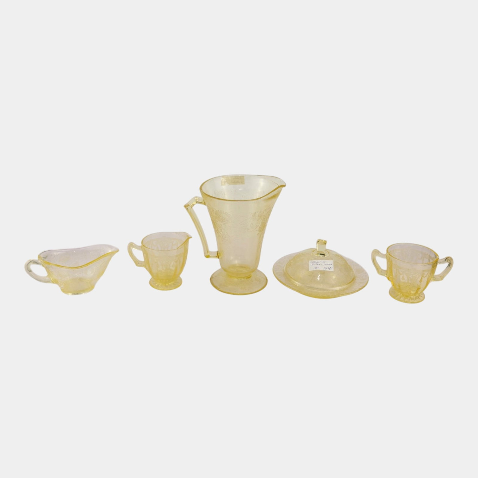 Hazel Atlas 1930s Art Deco Yellow Florentine Glass Pitcher Creamer Sugar Gravy Boat Lidded Dish: We offer affordable in-house shipping on all items. Hazel Atlas 1930s Art Deco Yellow Florentine Glass Pitcher Creamer Sugar Gravy Boat Lidded Dish Excellent condition. Age related wear. Tallest piece