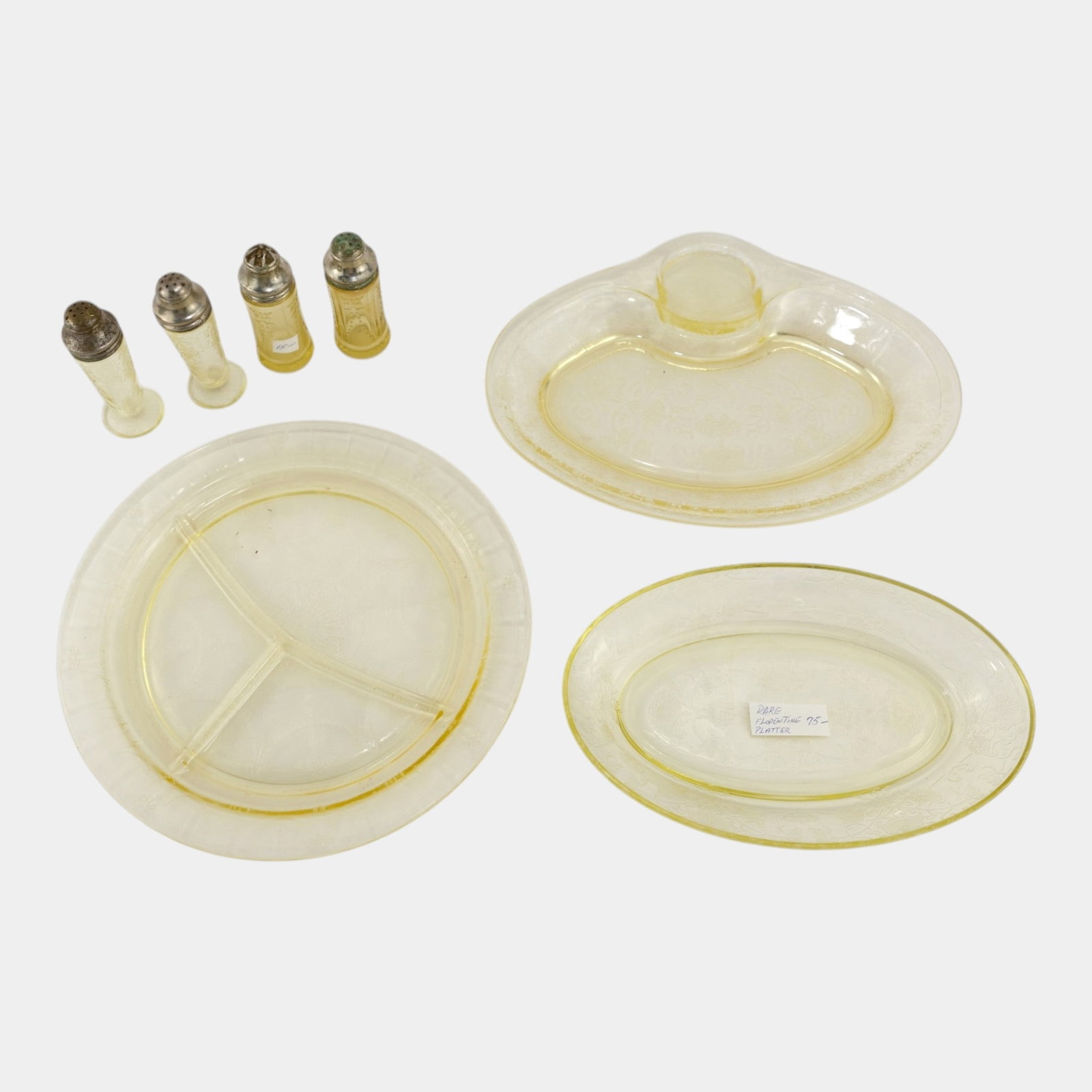 Hazel Atlas 1930s Art Deco Yellow Florentine Glass Platters Salt and Pepper Shakers: We offer affordable in-house shipping on all items. Hazel Atlas 1930s Art Deco Yellow Florentine Glass Platters Salt and Pepper Shakers Excellent condition. Age related wear. Tallest piece is 4 1/4" t