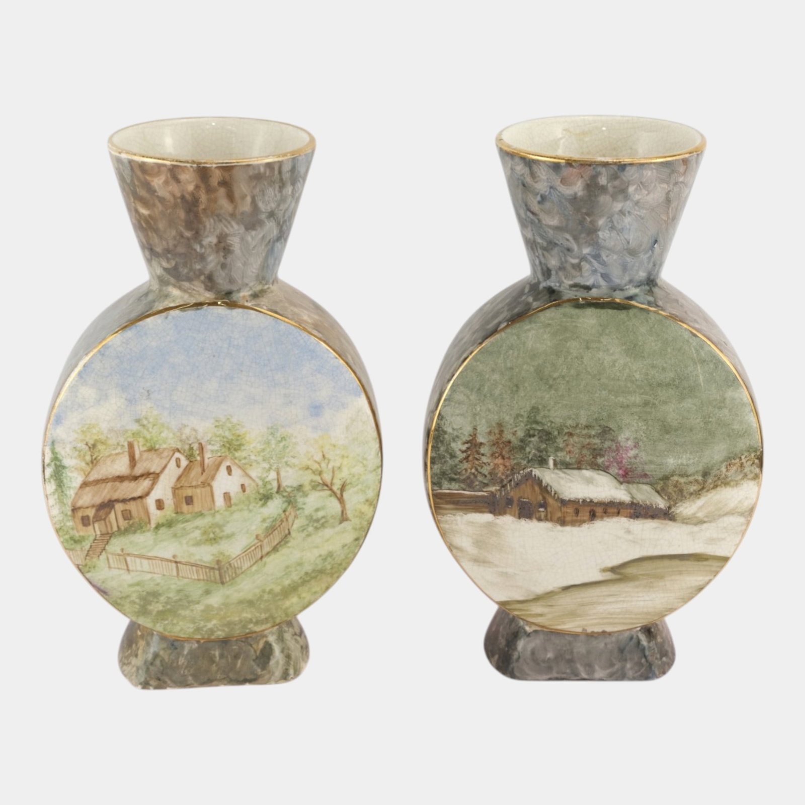 American Art Pottery Early 1900s Hand Painted Scenic Winter Summer House Vases (1 of 5)