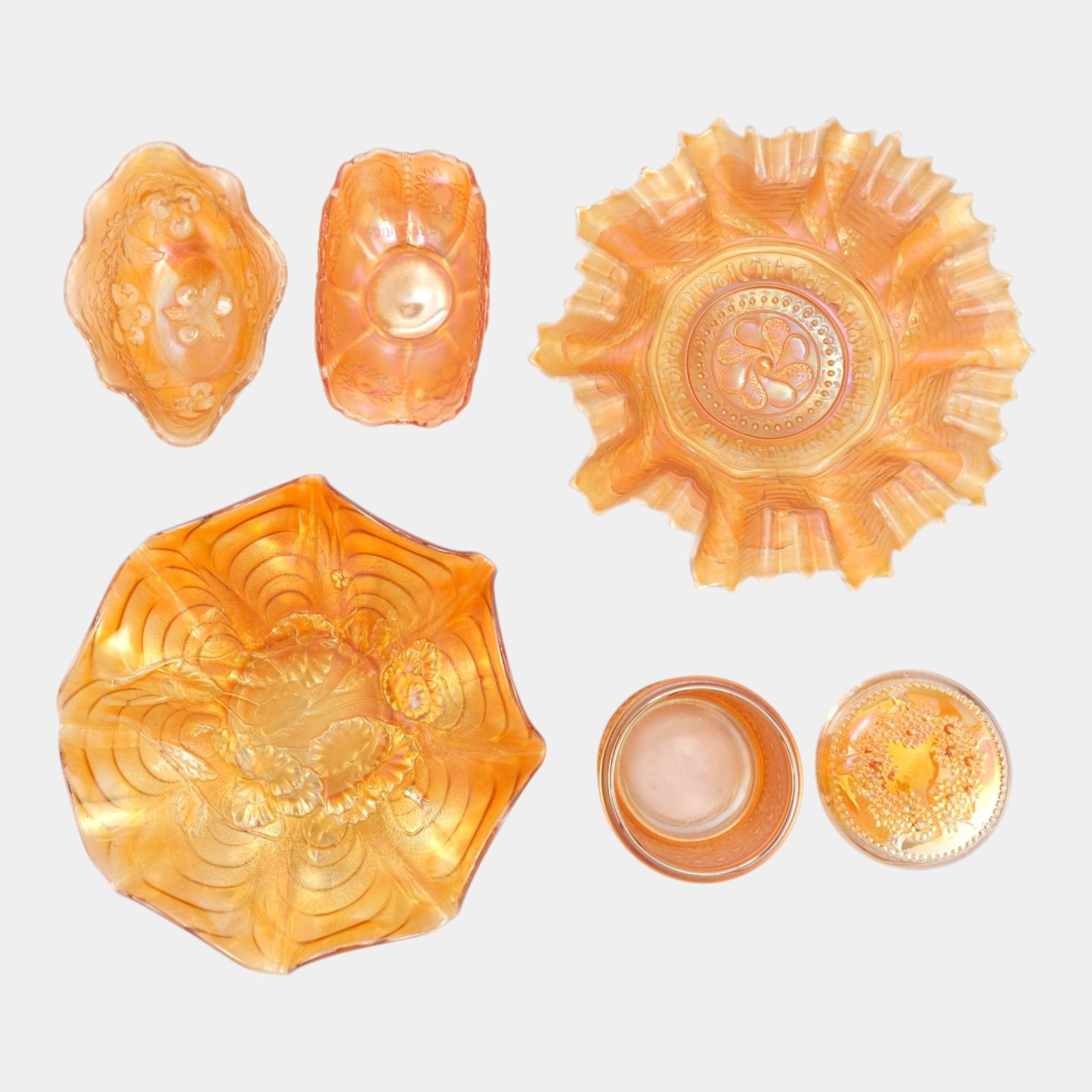 Fenton Orange Tree, Dougan Round Up, Imperial Pansy, & More Marigold Carnival Glass Bowls Lidded Jar: We offer affordable in-house shipping on all items. Fenton Orange Tree, Dougan Round Up, Imperial Pansy, & More Marigold Carnival Glass Bowls Lidded Jar Excellent condition. A few nicks to inner rim o