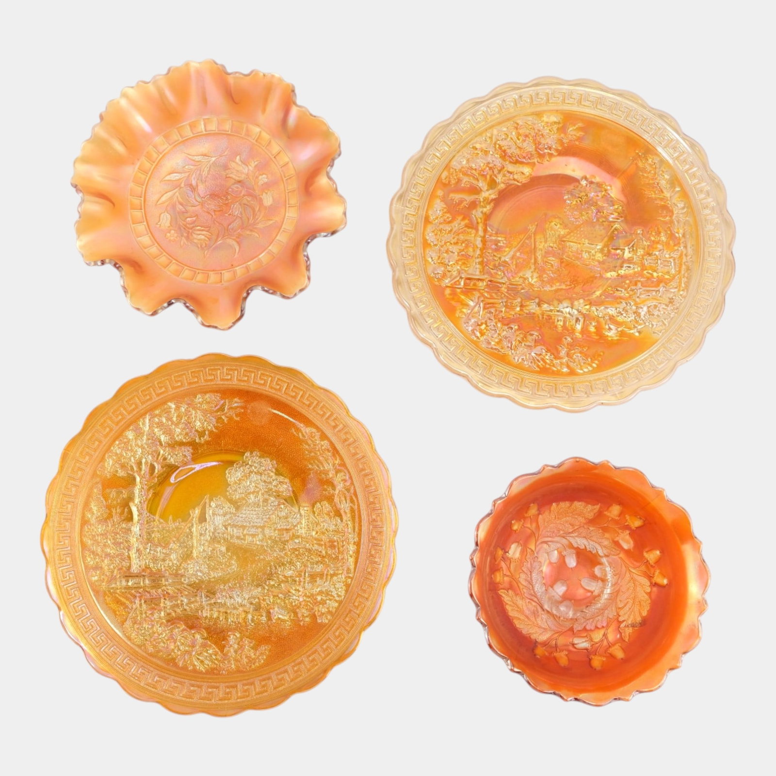 Imperial Homestead, Fenton Acorn, Dougan Wildflower Marigold Carnival Glass Bowls Plates (1 of 4)