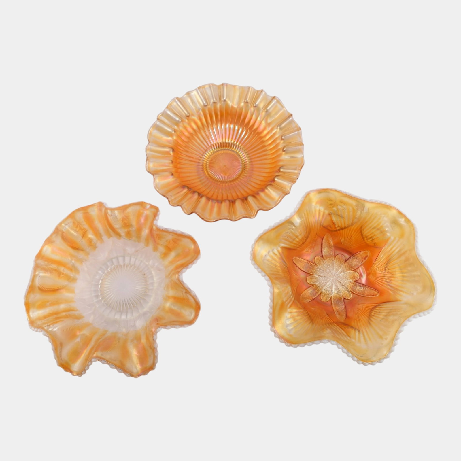 Fenton Stippled Rays, Dugan Peach, & Other Iridescent Marigold Carnival Glass Bowls (1 of 4)
