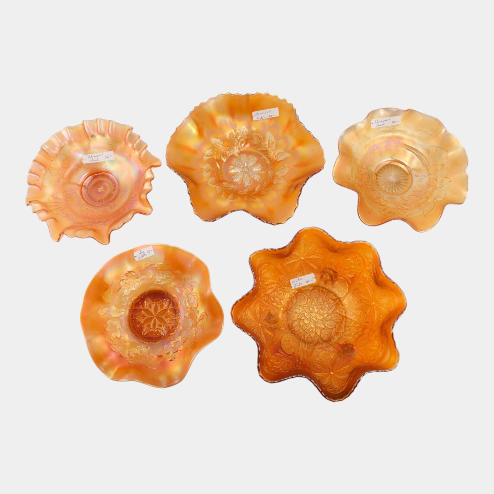 Fenton Lotus & Poinsettia, Northwood Blossom Shell, Dugan Six Petals Marigold Carnival Glass Bowls (1 of 4)