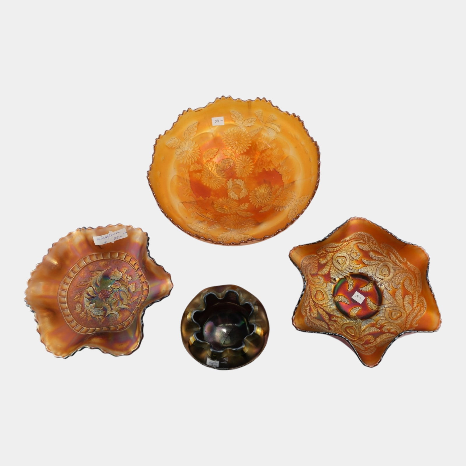 Dugan Wildflower, Fenton Stag & Holly, & Other Blue Marigold Iridescent Carnival Glass Bowls Footed (1 of 4)