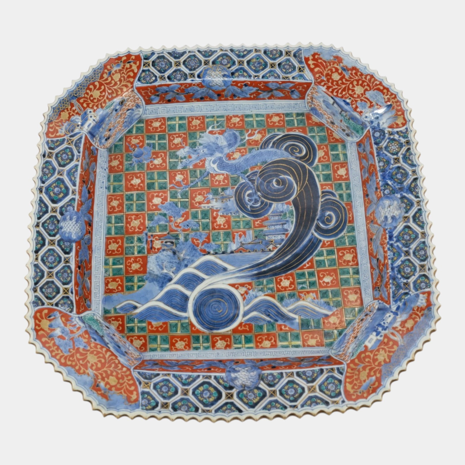 Japanese Arita Ware Hand Painted Dragon Wave Porcelain Imari Pattern Square Charger: We offer affordable in-house shipping on all items. Japanese Arita Ware Hand Painted Dragon Wave Porcelain Imari Pattern Square Charger Excellent condition. Age related wear. Plate is 2 1/4" tall and 