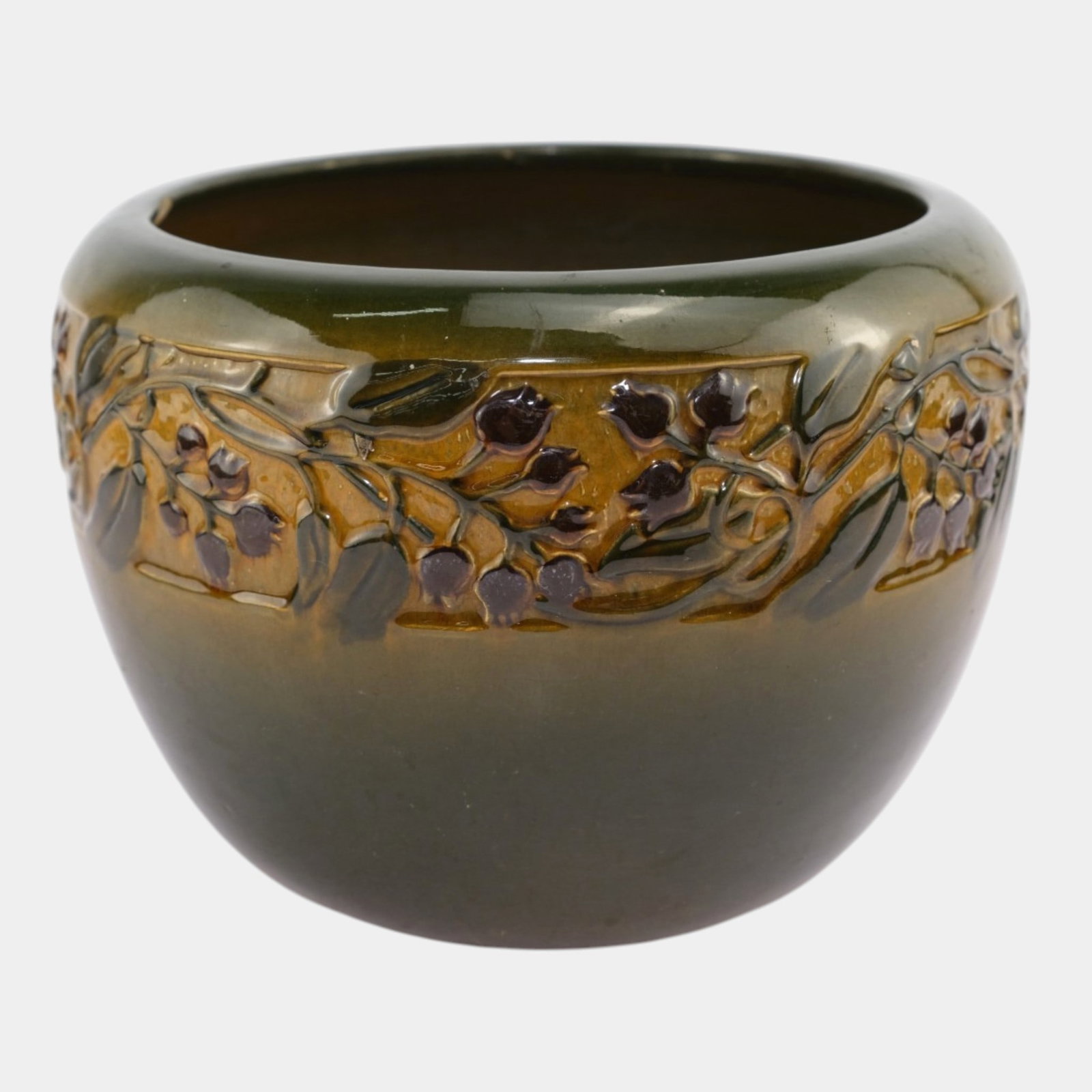 Weller Vintage Art Pottery Green Brown Floral Banded Ceramic Jardiniere Planter: We offer affordable in-house shipping on all items. Weller Vintage Art Pottery Green Brown Floral Banded Ceramic Jardiniere Planter Excellent condition. Shows well with minor bruise and chip to under 