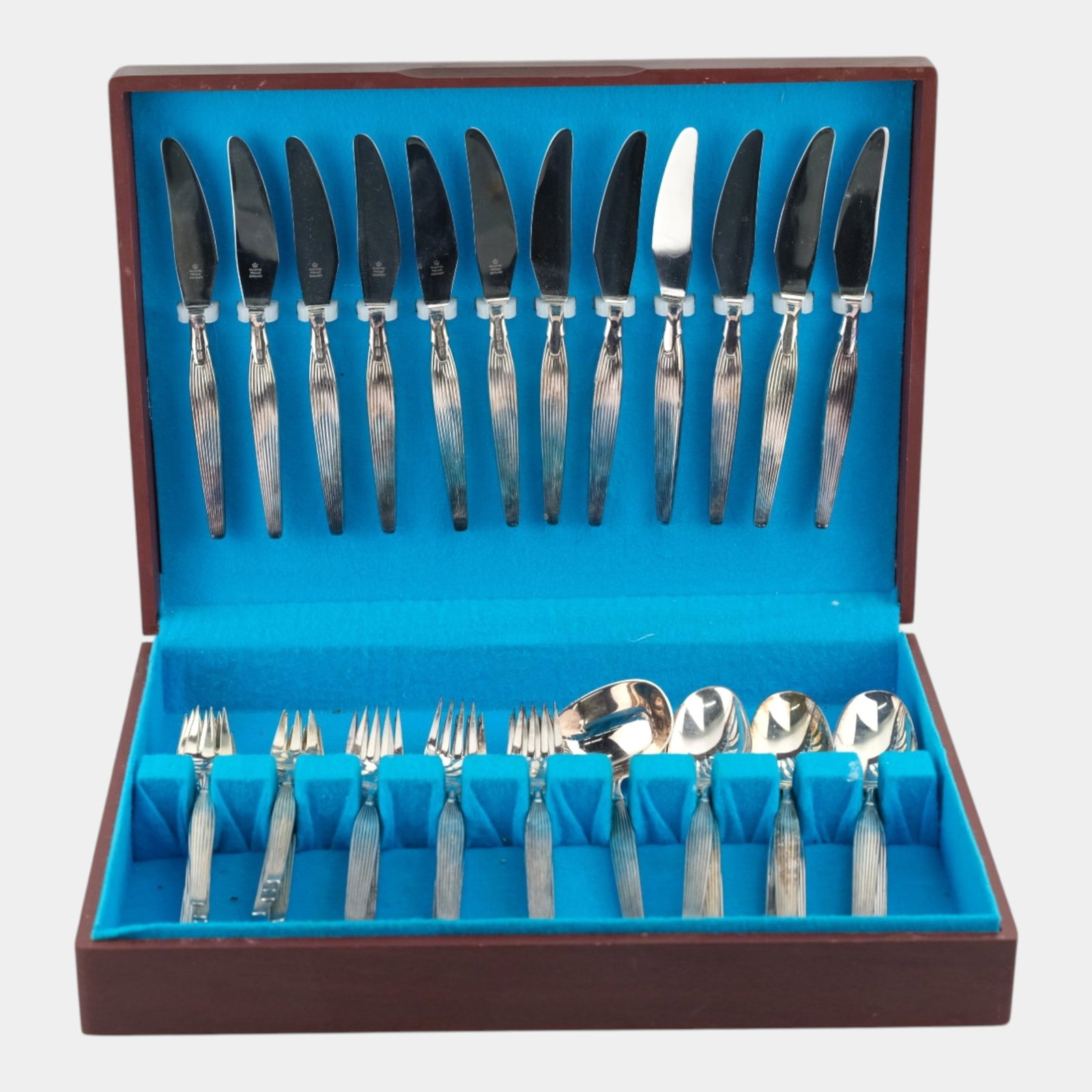 Frigast Plet Denmark Silver Plated Art Deco 49pc Silverware Set With Case: We offer affordable in-house shipping on all items. Frigast Plet Denmark Silver Plated Art Deco 49pc Silverware Set With Case Excellent condition. Age related wear. Case is 2 3/4" tall, 14 1/2" wide a