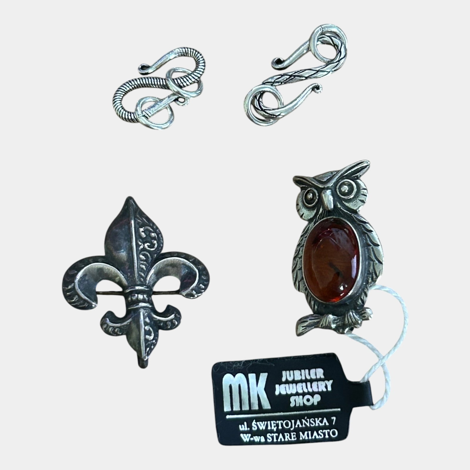 Jubiler Jewelry Poland Amber Cabochon Sterling Silver Owl Brooch, Fluer De Lis Sterling Brooch, & (1 of 2)