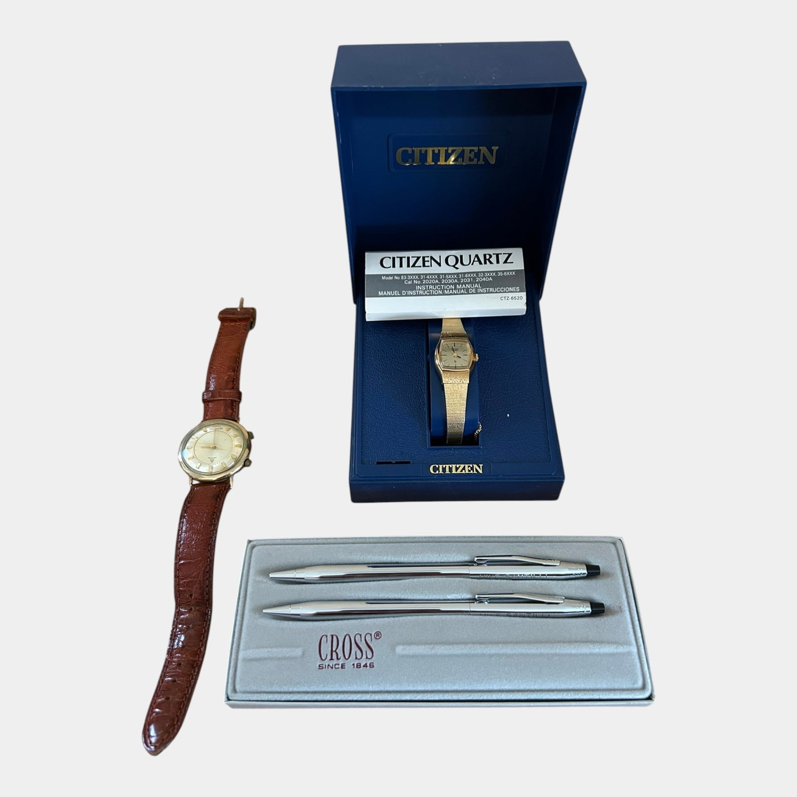 Le Coultre Gold Filled Case & Citizen Gold-Tone Wrist Watches And Cross Ink Pens: We offer affordable in-house shipping on all items. Le Coultre Gold Filled Case & Citizen Gold-Tone Wrist Watches And Cross Ink Pens Excellent condition. Age related wear.