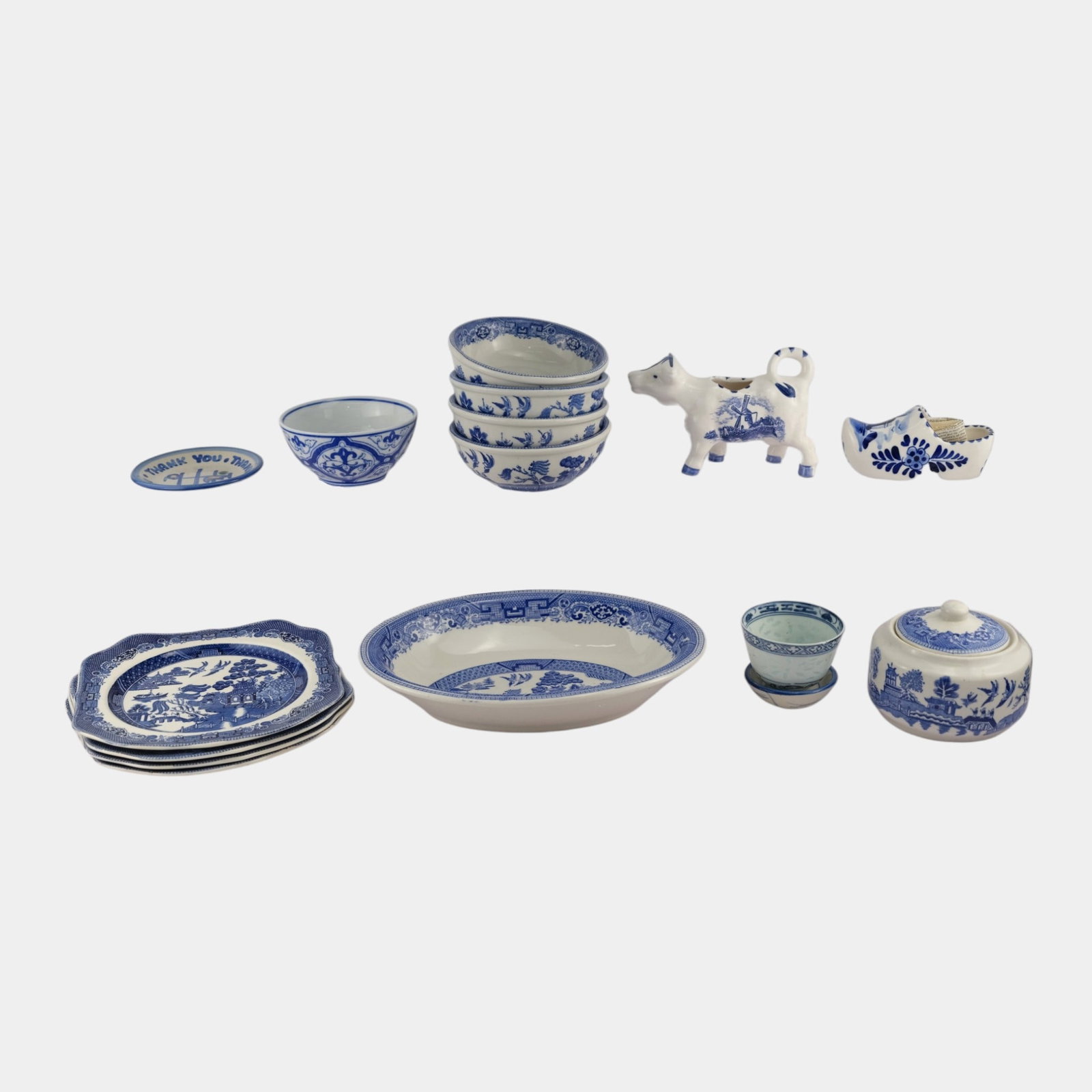 Buffalo China, Mary Hadley, & Other Blue & White Ceramics Figural Cow, Plates, Bowls, & Serving Dish (1 of 9)