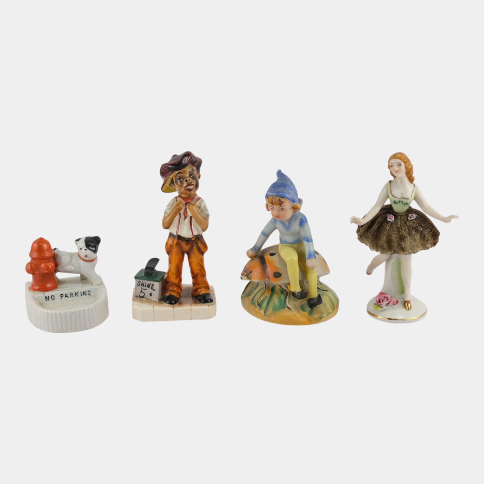 Mid 20th Century Made In Occupied Japan Porcelain And Ceramic Figurines: We offer affordable in-house shipping on all items. Mid 20th Century Made In Occupied Japan Porcelain And Ceramic Figurines Excellent condition. Age related wear. Bottom marked as shown. Tallest is 5 
