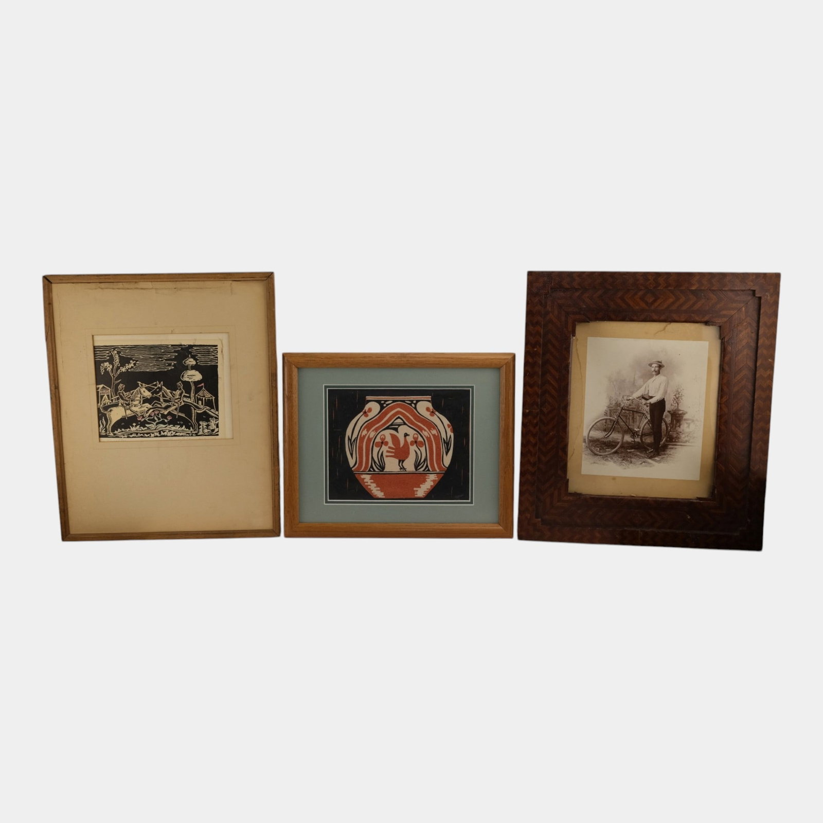 Native American Vase, Medieval Scenic Jousting, & Man With Bicycle Framed Prints And Photograph (1 of 3)