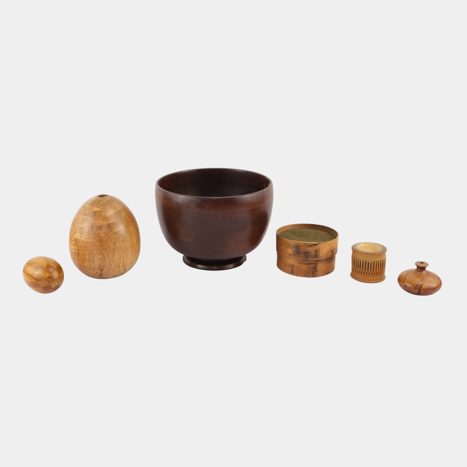 Early To Mid Century Turned Wood Vases, Bowl, Planter, And Figural Egg Paperweights (1 of 5)
