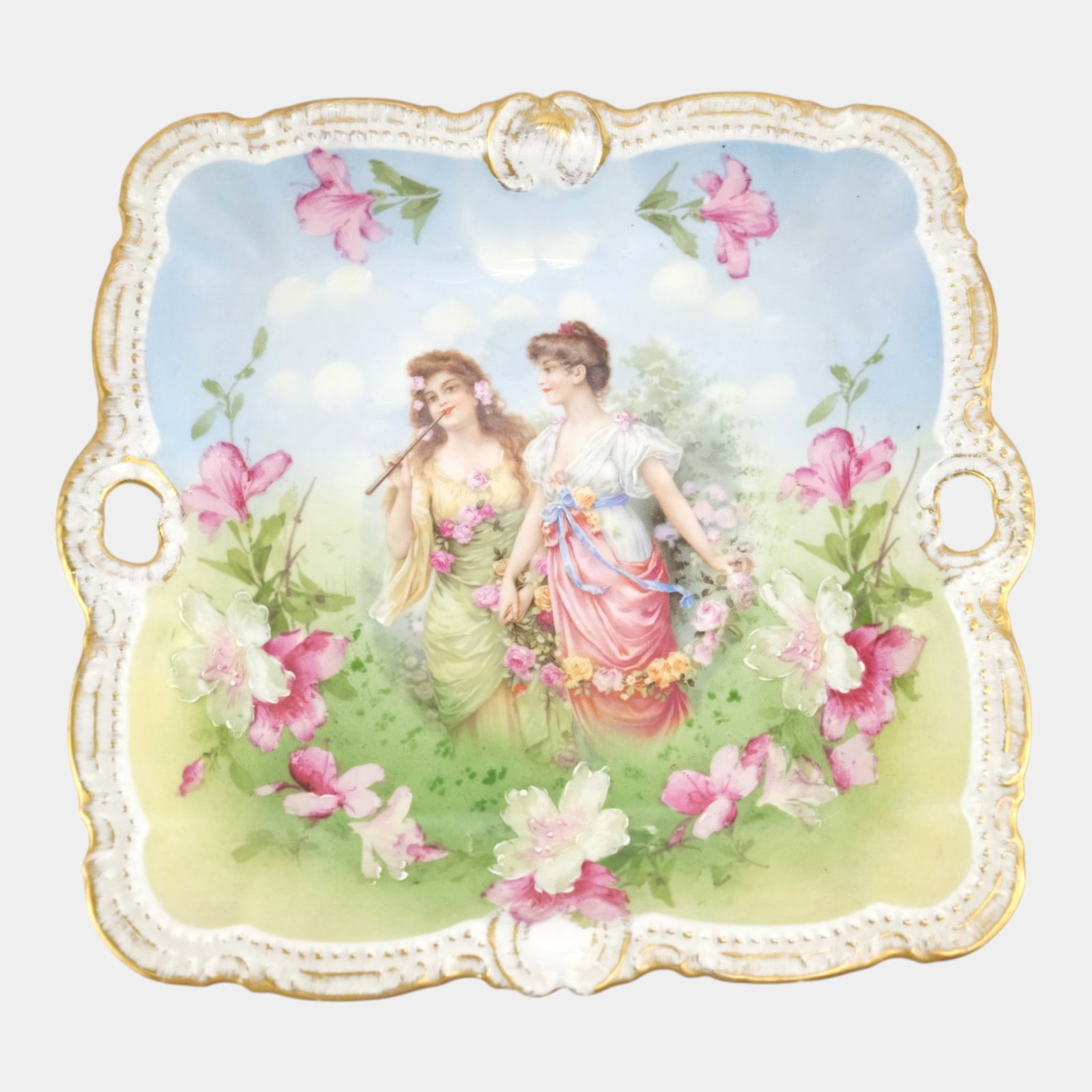 Moschendorf PM Bavaria "Flora" Early 20th Century Hand Painted Scenic Porcelain Square Tray (1 of 3)