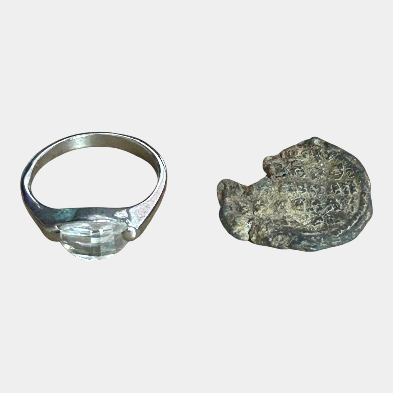 Byzantine Basil II Bronze Coin 900s AD And Silver-Tone Mid Century Clear Stone Ring: We offer affordable in-house shipping on all items. Byzantine Basil II Bronze Coin 900s AD And Silver-Tone Mid Century Clear Stone Ring Excellent condition. Age related wear.