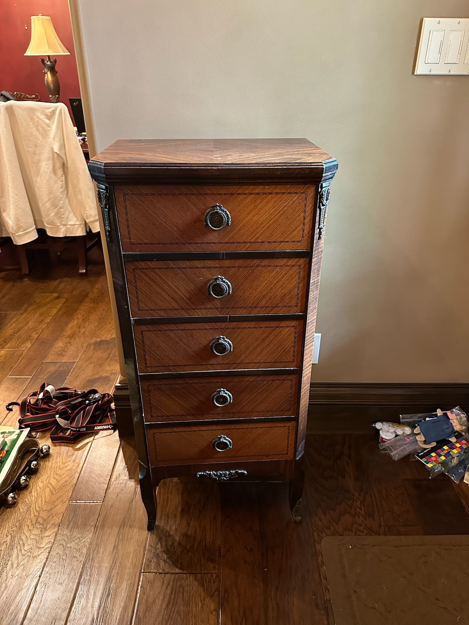 19th Century French Style Wooden Five Drawer Lingerie Cabinet With Wood Inlay And Decorative Metal (1 of 8)