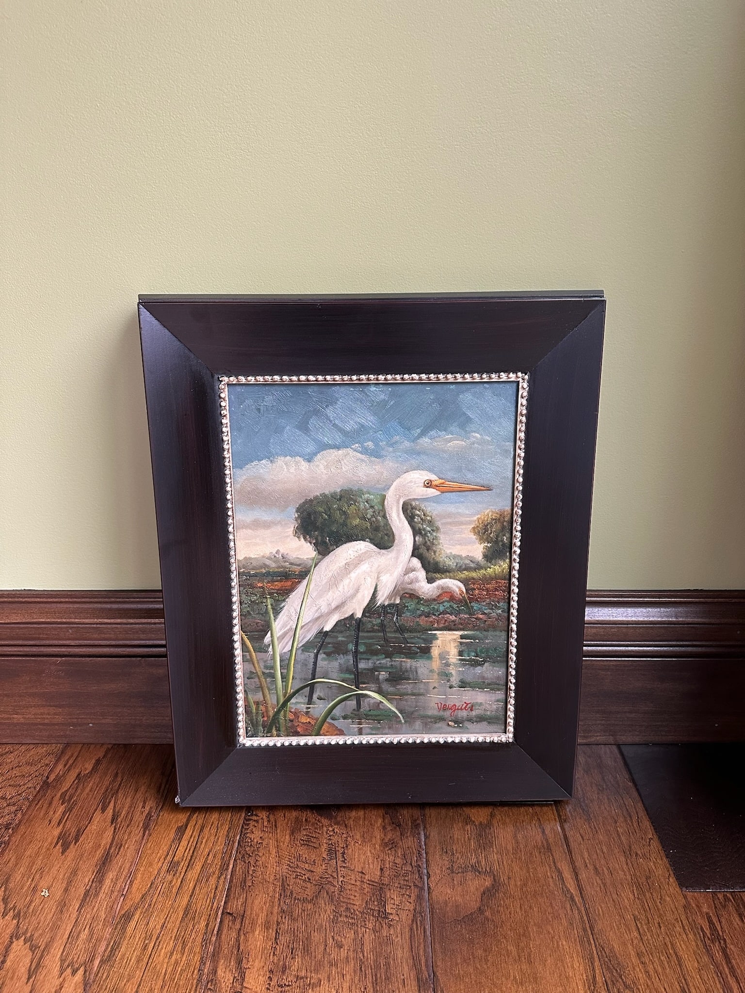 Vintage Dark Wood Framed Egret Marsh Landscape Oil Painting Signed Artwork (1 of 6)