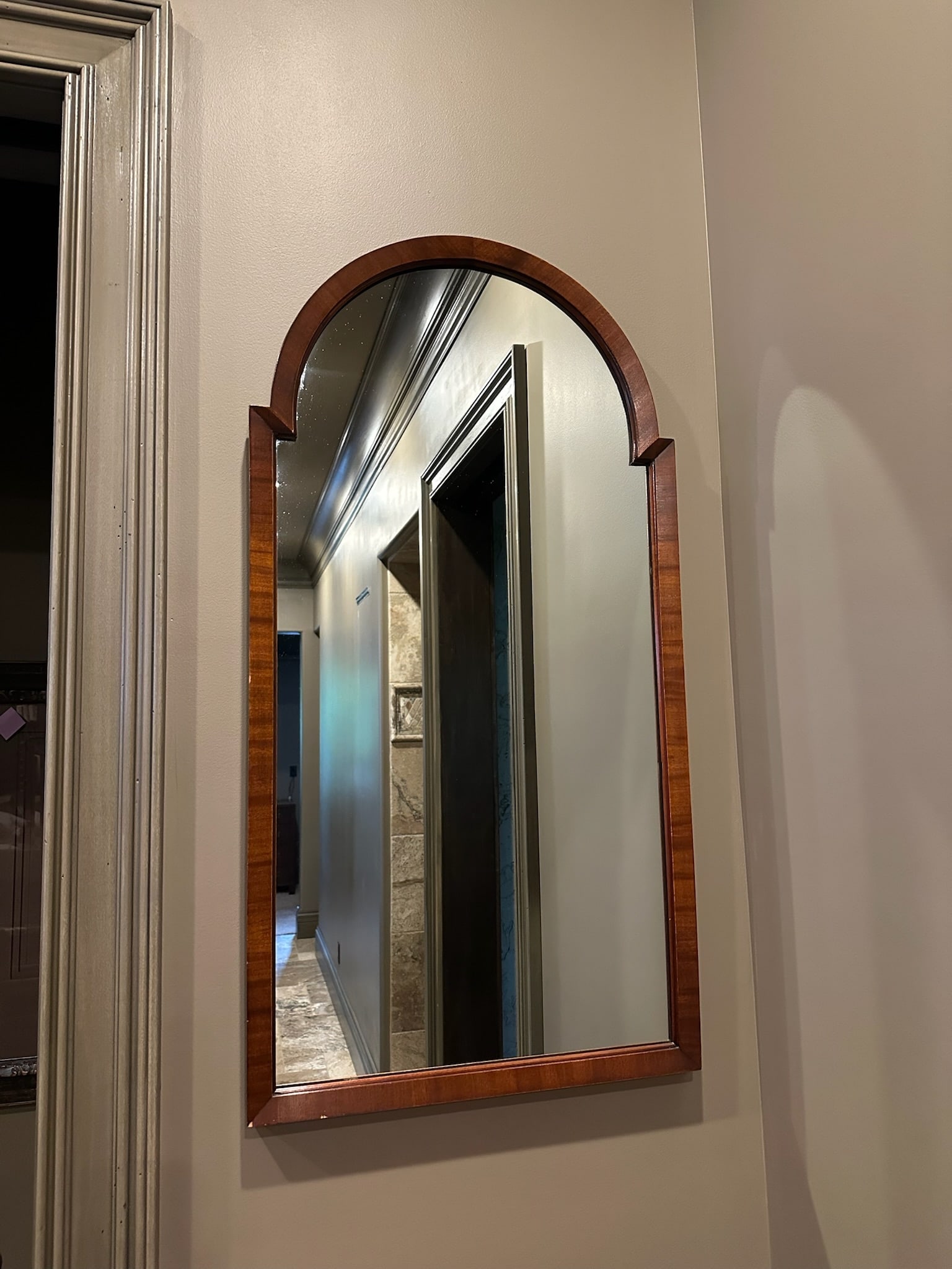 Art Deco Arched Walnut Wall Mirror With Stepped Architectural Frame Design: We offer affordable in-house shipping on all items. Art Deco Arched Walnut Wall Mirror With Stepped Architectural Frame Design Excellent condition. Age related wear. Mirror is 37 1/2" tall and 19 1/2"