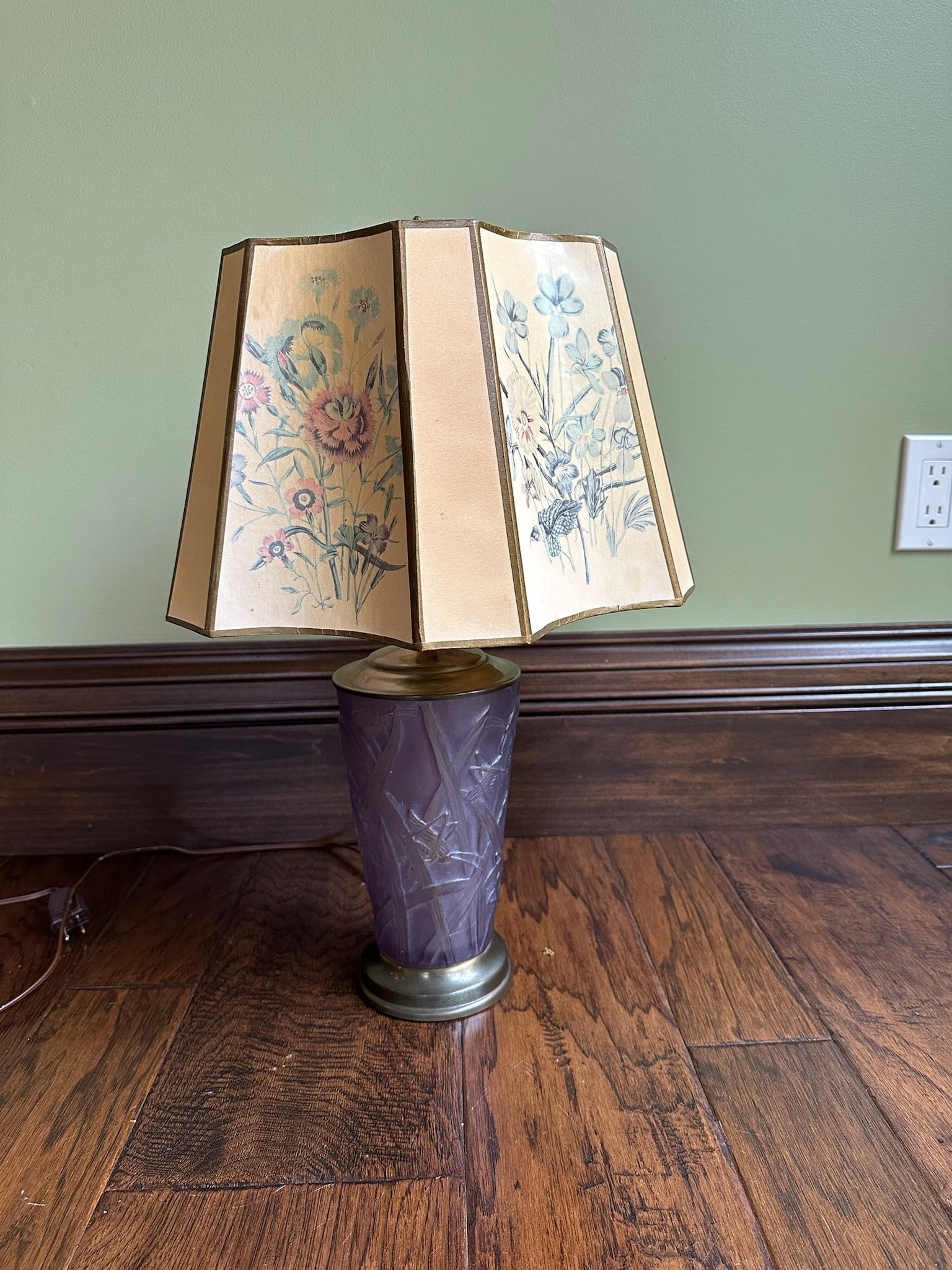 Pheonix Consolidated Katydid Frosted Amethyst Lamp Base With Floral Decorated Shade: We offer affordable in-house shipping on all items. Pheonix Consolidated Katydid Frosted Amethyst Lamp Base With Floral Decorated Shade Excellent condition. Age related wear. Lamp is 22" tall and 14" 