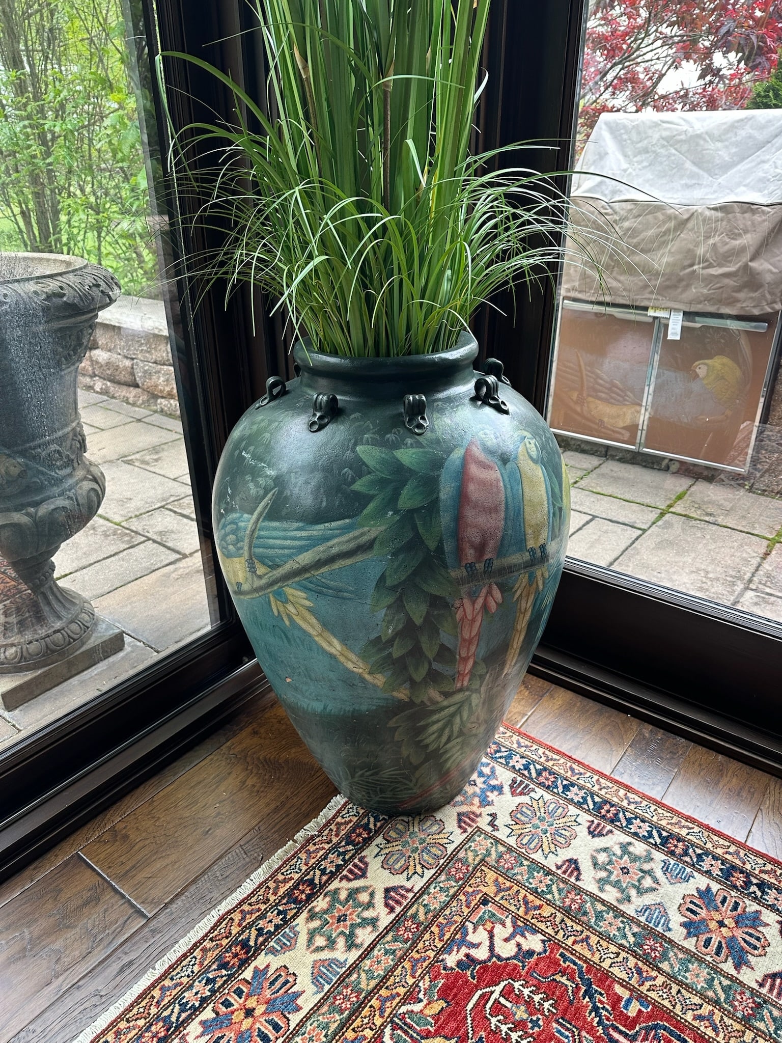 Late 20th Century Green Glazed Painted Parrots On Branch Motif 33" Tall Floor Vase: We offer affordable in-house shipping on all items. Late 20th Century Green Glazed Painted Parrots On Branch Motif 33" Tall Floor Vase Chip to one of the lugs as shown. Age related wear. Vase is 33" t