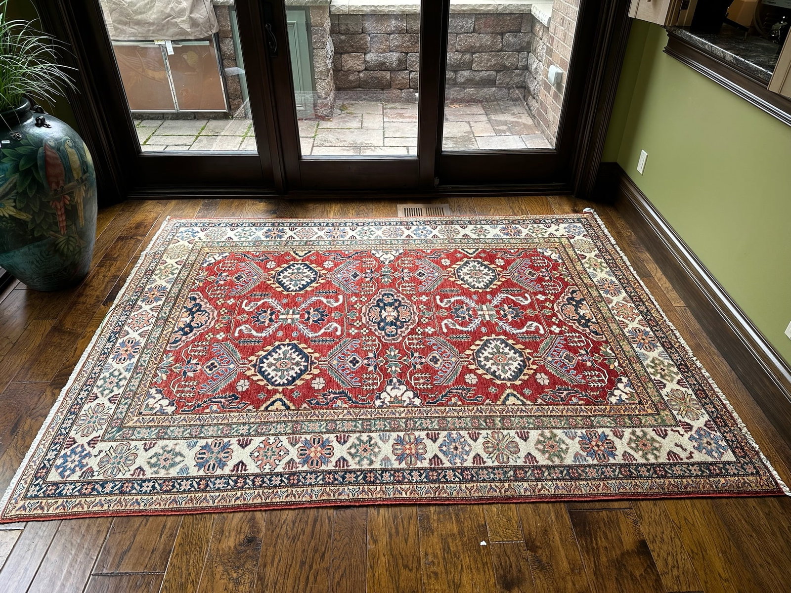 Pakistani Hand Knotted Persian Style Red Blue & Cream Wool Area Rug 6x8: We offer affordable in-house shipping on all items. Pakistani Hand Knotted Persian Style Red Blue & Cream Wool Area Rug 6x8 Excellent condition. Age related wear. Rug 97" long and 72" wide.