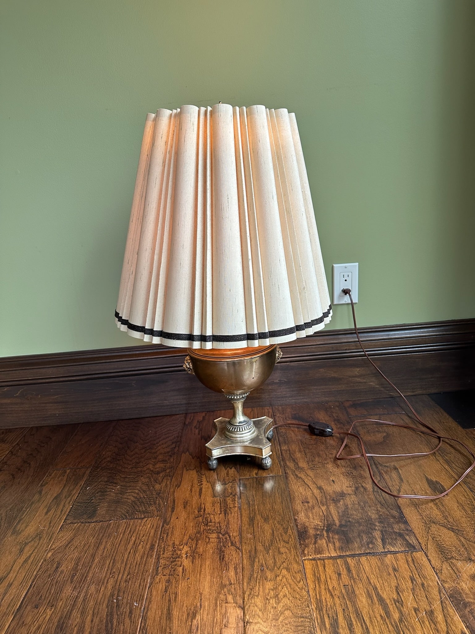 Art Deco Neoclassical Brass Table Lamp With Lion Head Accents & Pleated Shade (1 of 4)