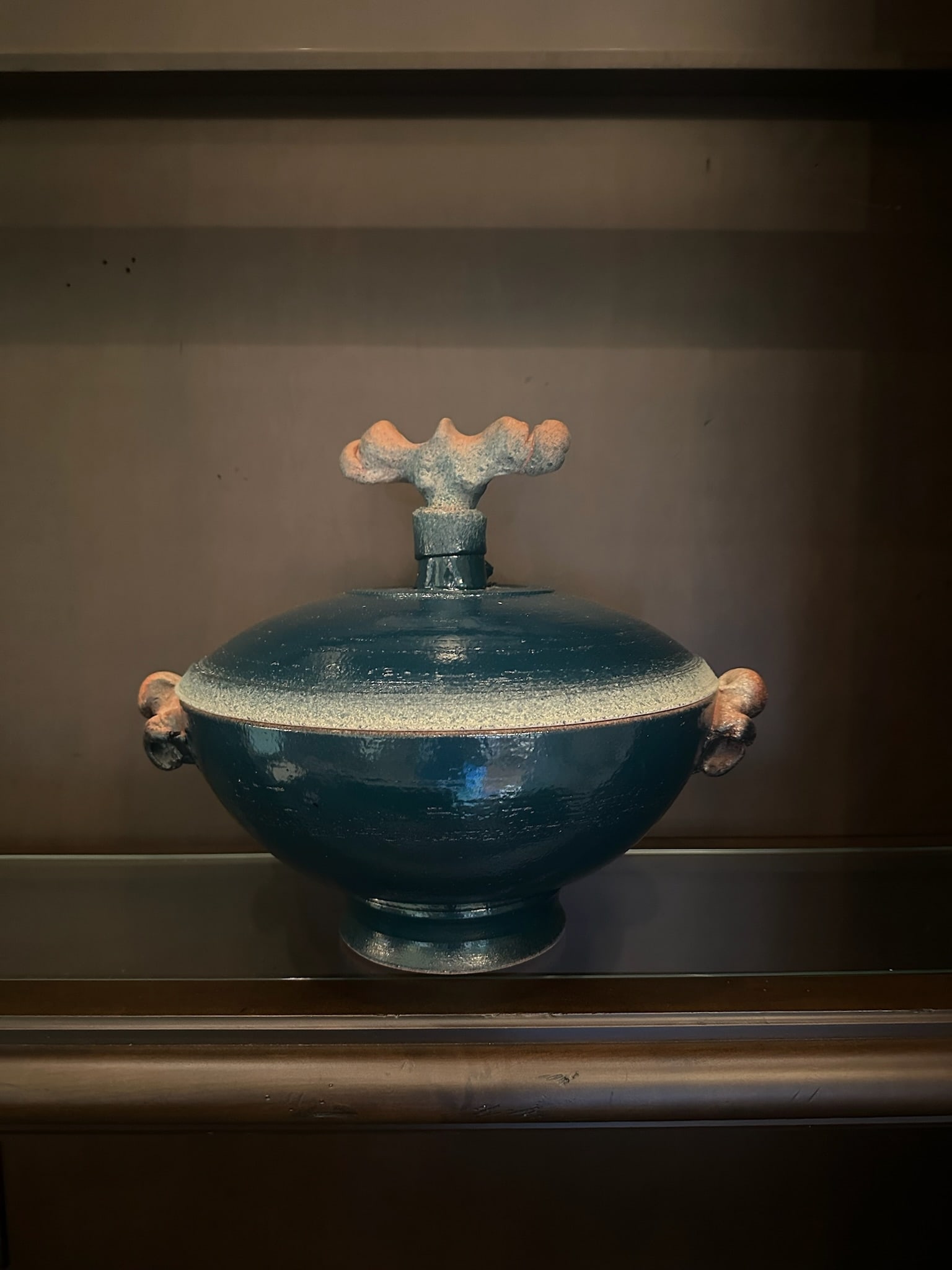 Late 20th Century Blue Glazed Modernist Handled Lidded Pot Bowl With Finial: We offer affordable in-house shipping on all items. Late 20th Century Blue Glazed Modernist Handled Lidded Pot Bowl With Finial Excellent condition. Age related wear. Bowl is 12 1/2" tall and 14 1/4" 