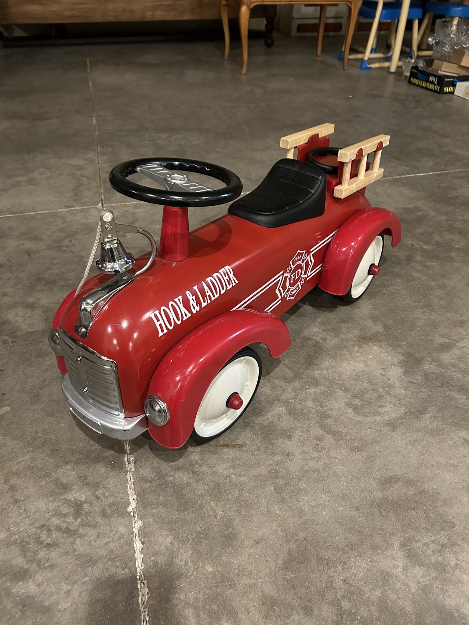 Schylling Hook & Ladder Fire Ladder Truck Chief Metal Ride On Kids Toy: We offer affordable in-house shipping on all items. Schylling Hook & Ladder Fire Ladder Truck Chief Metal Ride On Kids Toy Excellent condition. Age related wear. Car is 29" long.