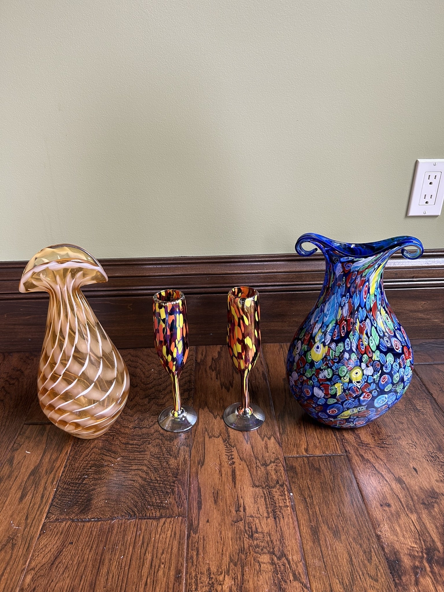 Millefiori Blue Curled Rim Vase, Orange Yellow Spatter, & Peach Art Glass Vases And Stemware: We offer affordable in-house shipping on all items. Millefiori Blue Curled Rim Vase, Orange Yellow Spatter, & Peach Art Glass Vases And Stemware Excellent condition. Age related wear. Blue vase is 13 
