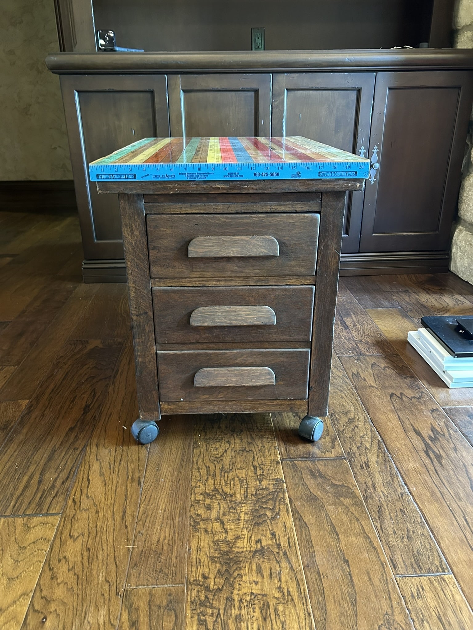 Industrial Style Rolling Three Drawer Cabinet With Colorful Yardstick Top Surface (1 of 5)