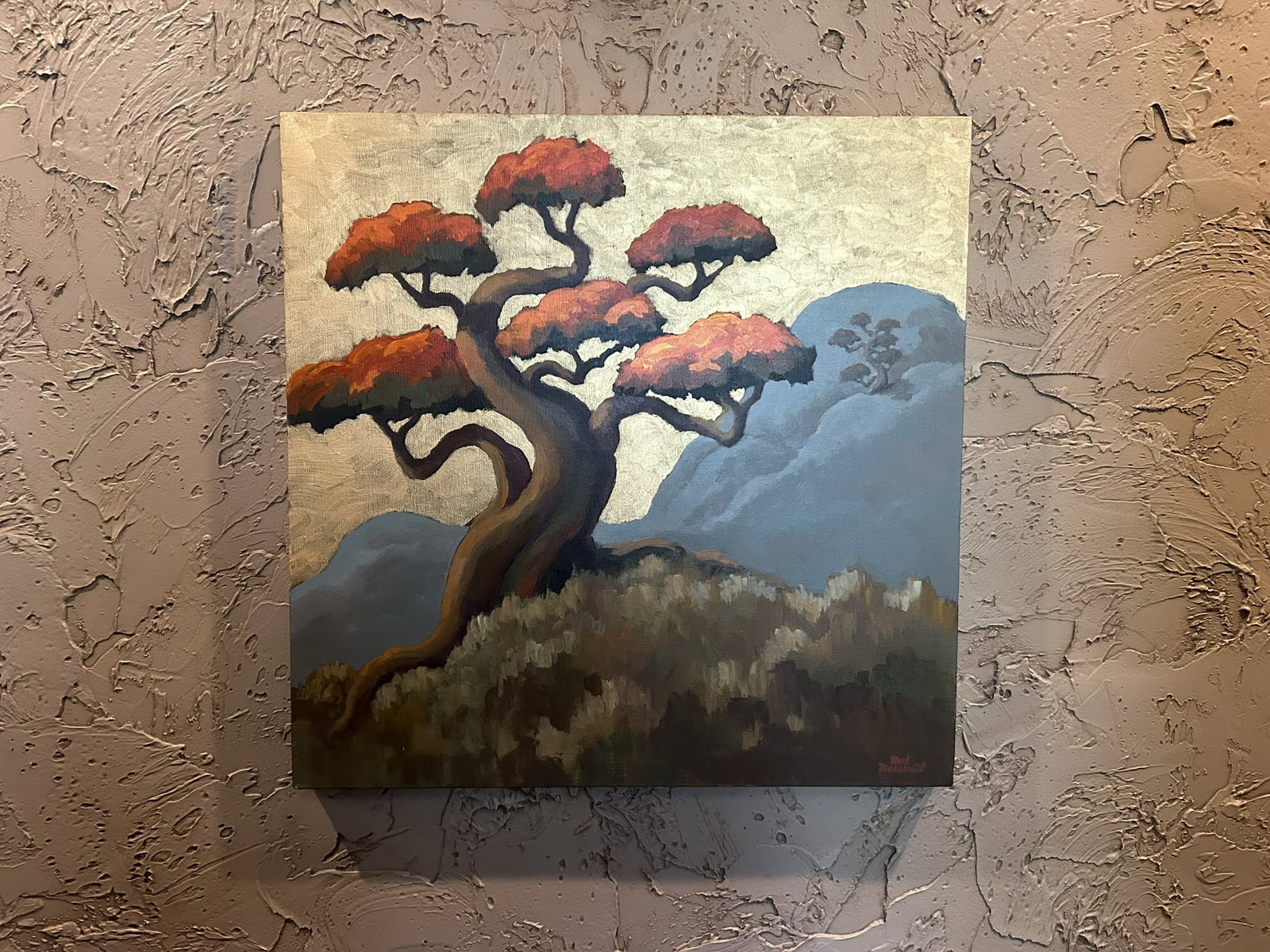 Contemporary Stylized Landscape Tree Painting On Canvas Mountain Scene Artwork: We offer affordable in-house shipping on all items. Contemporary Stylized Landscape Tree Painting On Canvas Mountain Scene Artwork Excellent condition. Age related wear. Wall art is 24" tall and 24" w