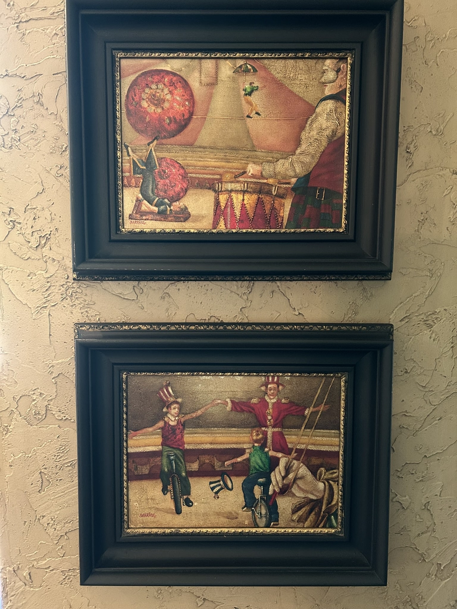 Contemporary Framed Circus Theme Textured Mixed Media Figural Artwork Pair: We offer affordable in-house shipping on all items. Contemporary Framed Circus Theme Textured Mixed Media Figural Artwork Pair Excellent condition. Age related wear. Artwork are 19" tall and 22 1/2" w