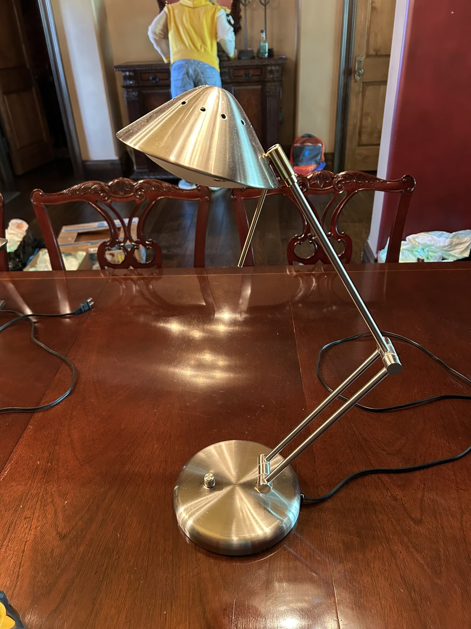 Contemporary Brushed Steel Adjustable Modernist Desk Task Lamp Lighting Fixture: We offer affordable in-house shipping on all items. Contemporary Brushed Steel Adjustable Modernist Desk Task Lamp Lighting Fixture Excellent condition. Age related wear. Lamp is 20" tall and 14" wide